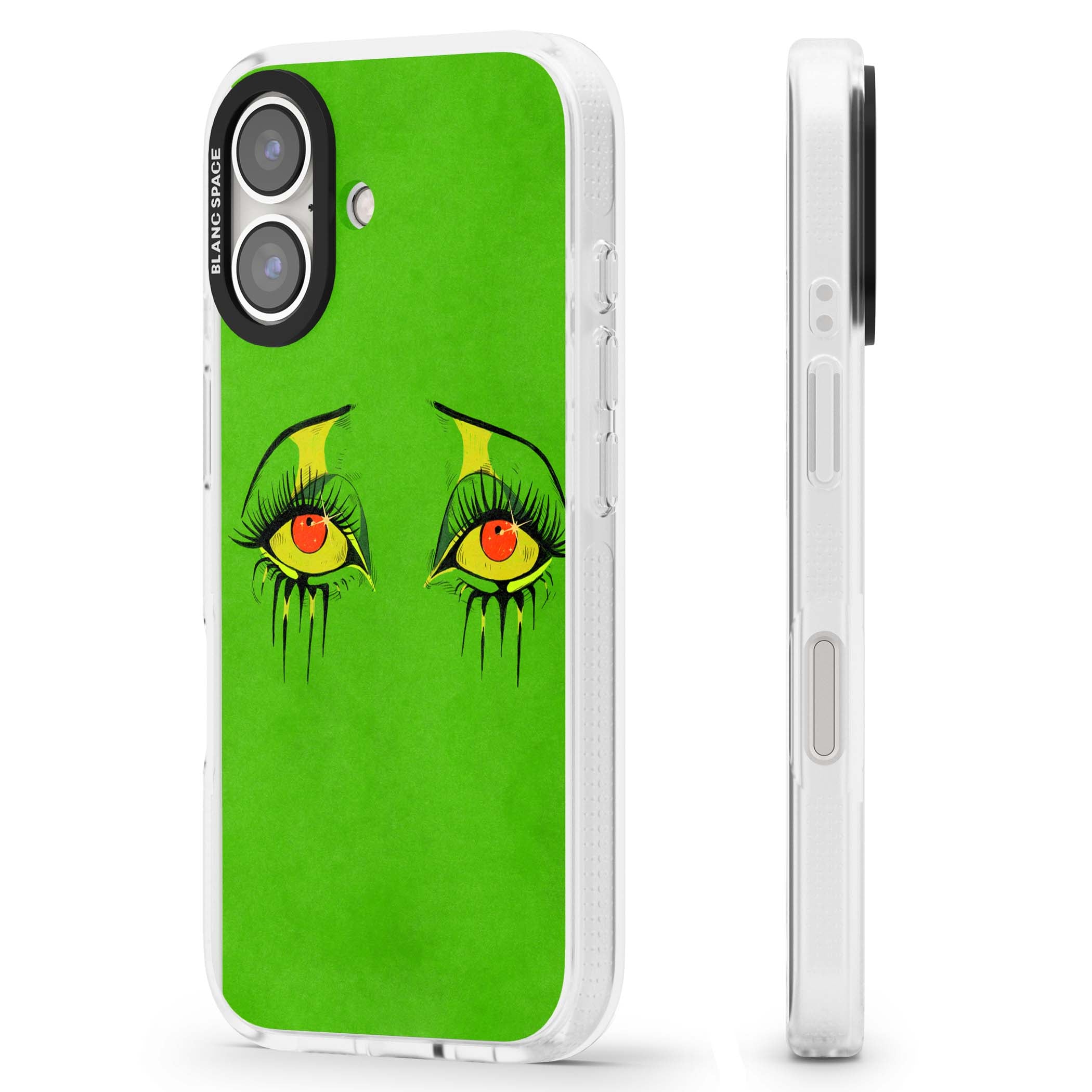 Green Enchanted Eyes psychedelic art iPhone case featuring hand-drawn dripping eyes on neon green background | Clear Case Impact Air case for iPhone 16, iPhone 16 Plus