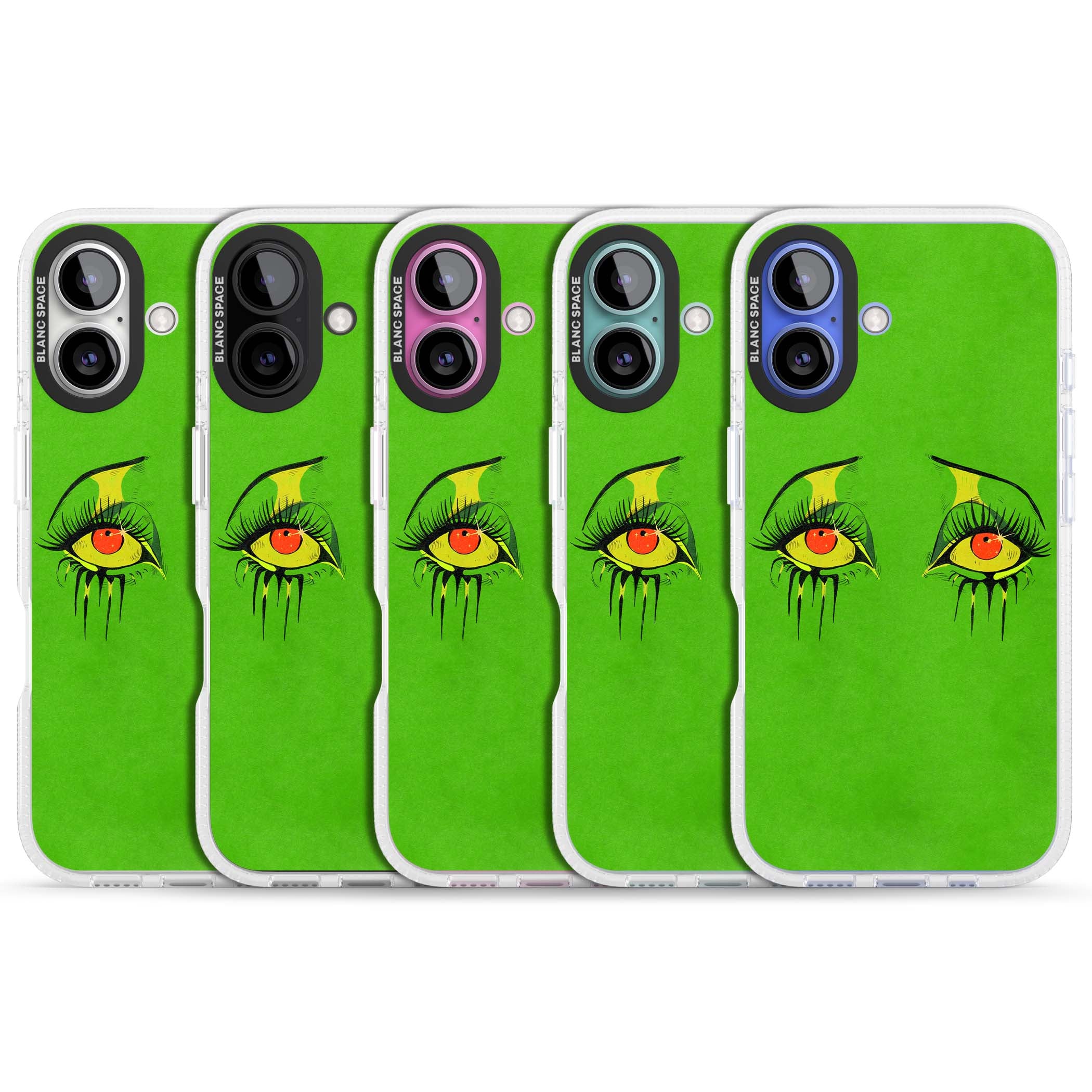 Green Enchanted Eyes psychedelic art iPhone case featuring hand-drawn dripping eyes on neon green background | Clear Case Impact Air case for iPhone 16, iPhone 16 Plus