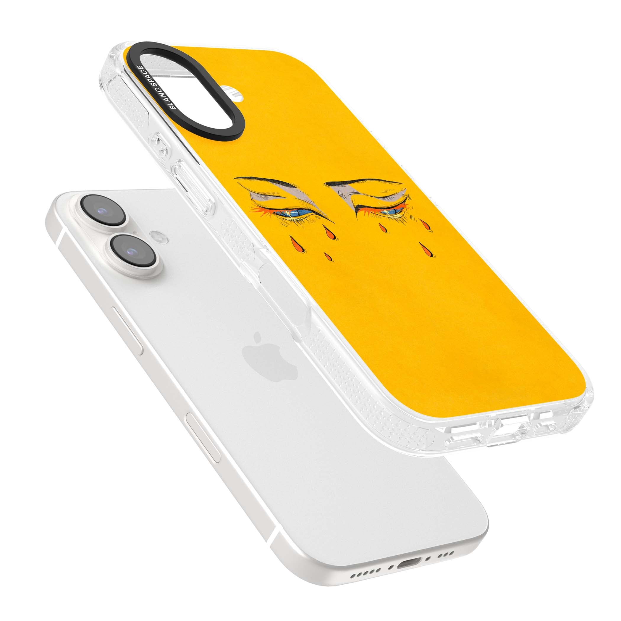 Yellow Tearful Eyes indie iPhone case featuring hand-drawn crying eyes with orange tears on a yellow background | Clear Case Impact Air case for iPhone 16, iPhone 16 Plus