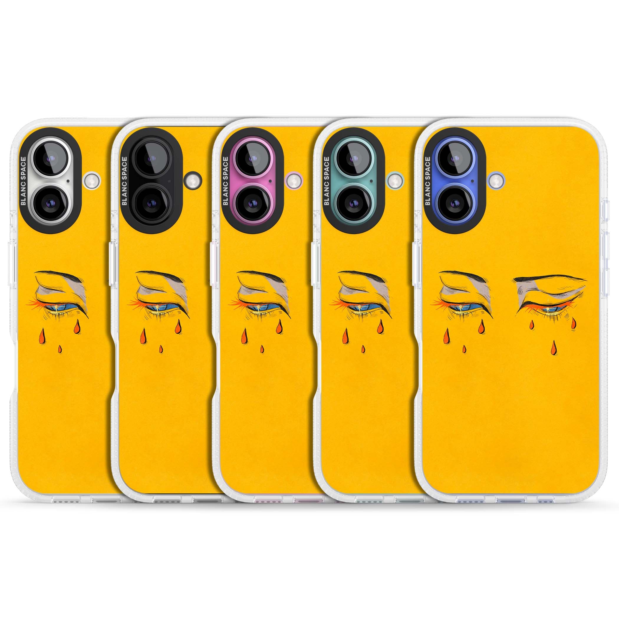 Yellow Tearful Eyes indie iPhone case featuring hand-drawn crying eyes with orange tears on a yellow background | Clear Case Impact Air case for iPhone 16, iPhone 16 Plus