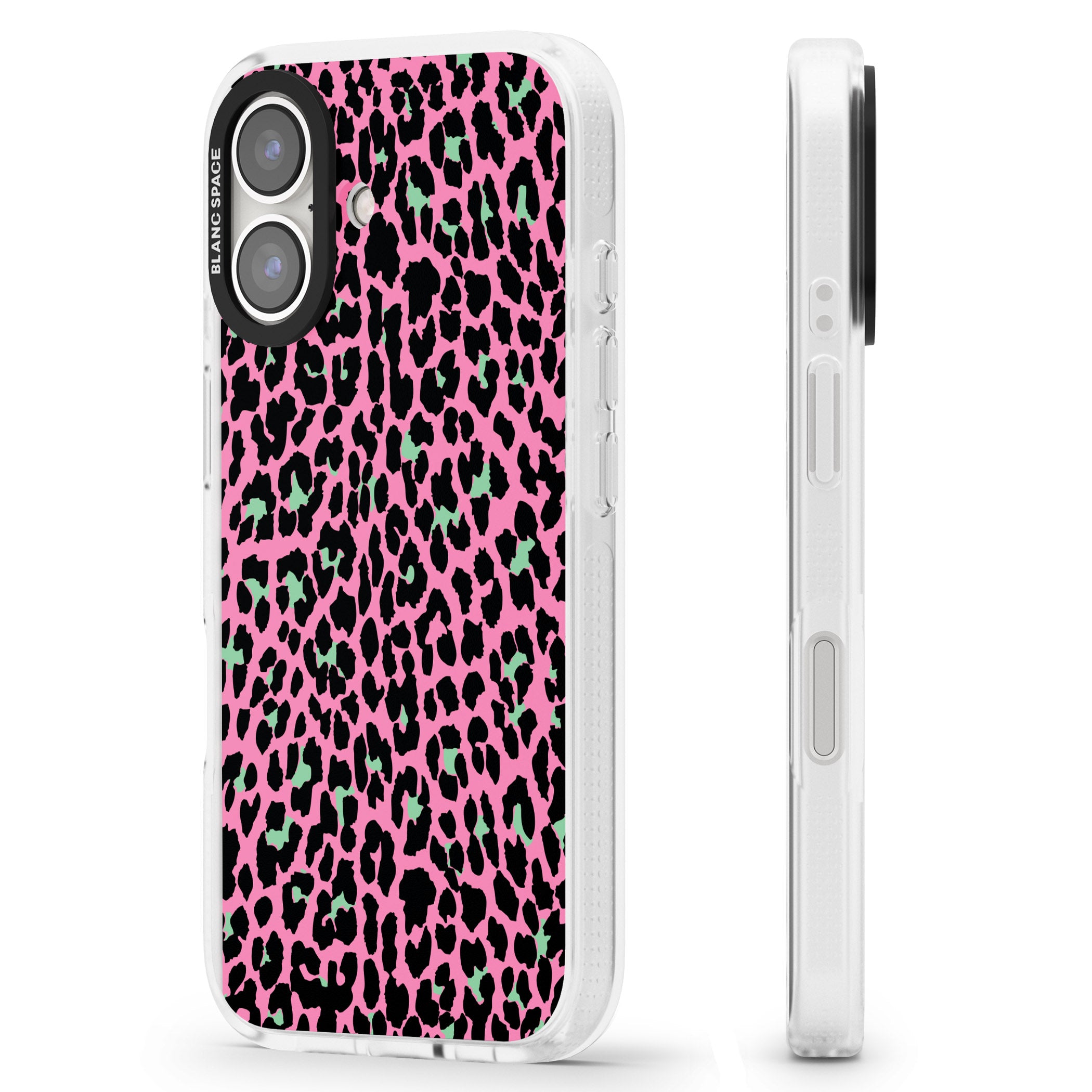 Green on Pink Leopard Print Pattern iPhone 16 / 16 Plus Clear Case Impact Air - Blanc Space