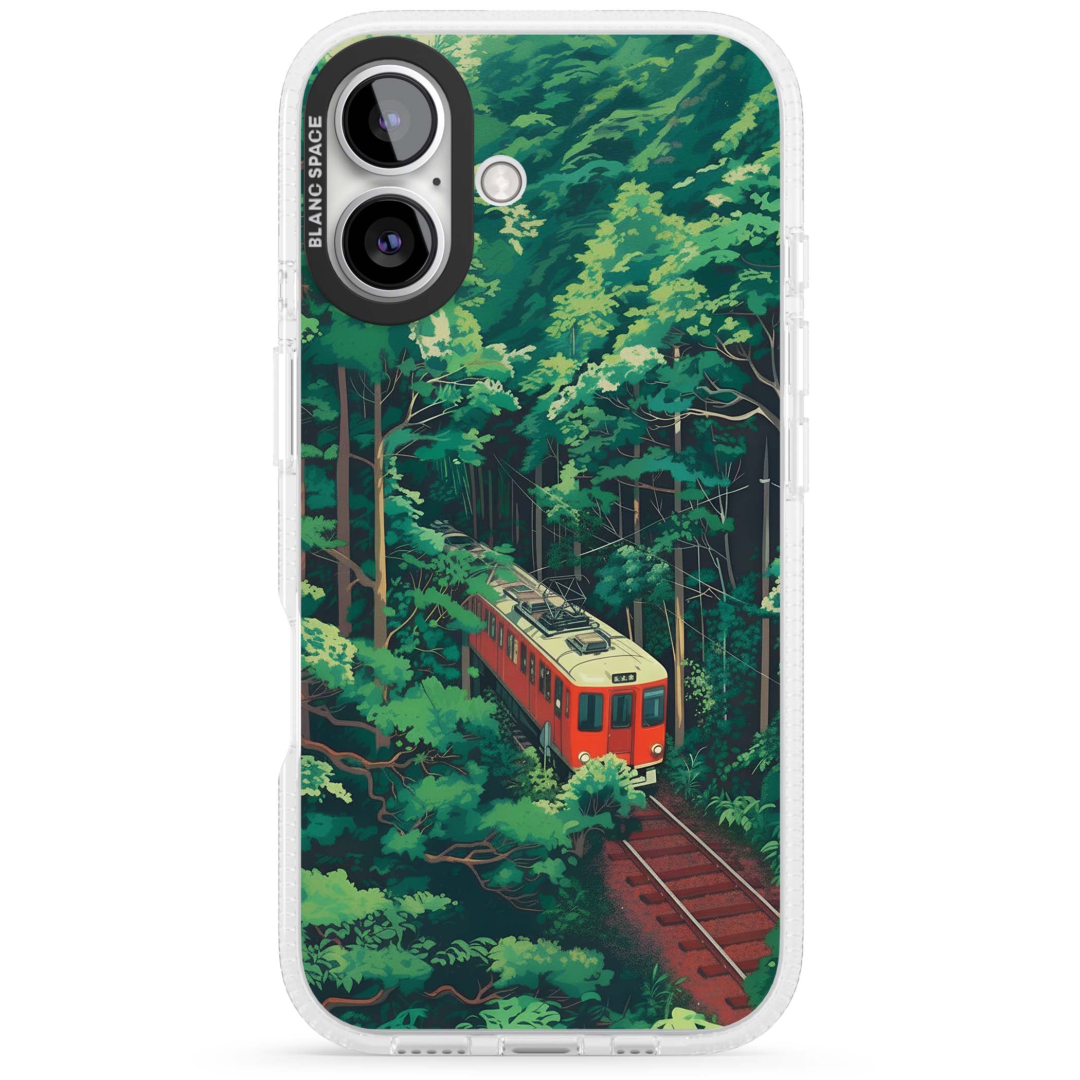 Railway In Toyama Japanese iPhone case featuring a red train, cedar forest and winding mountain railway tracks | Clear Case Impact Air case for iPhone 16, iPhone 16 Plus