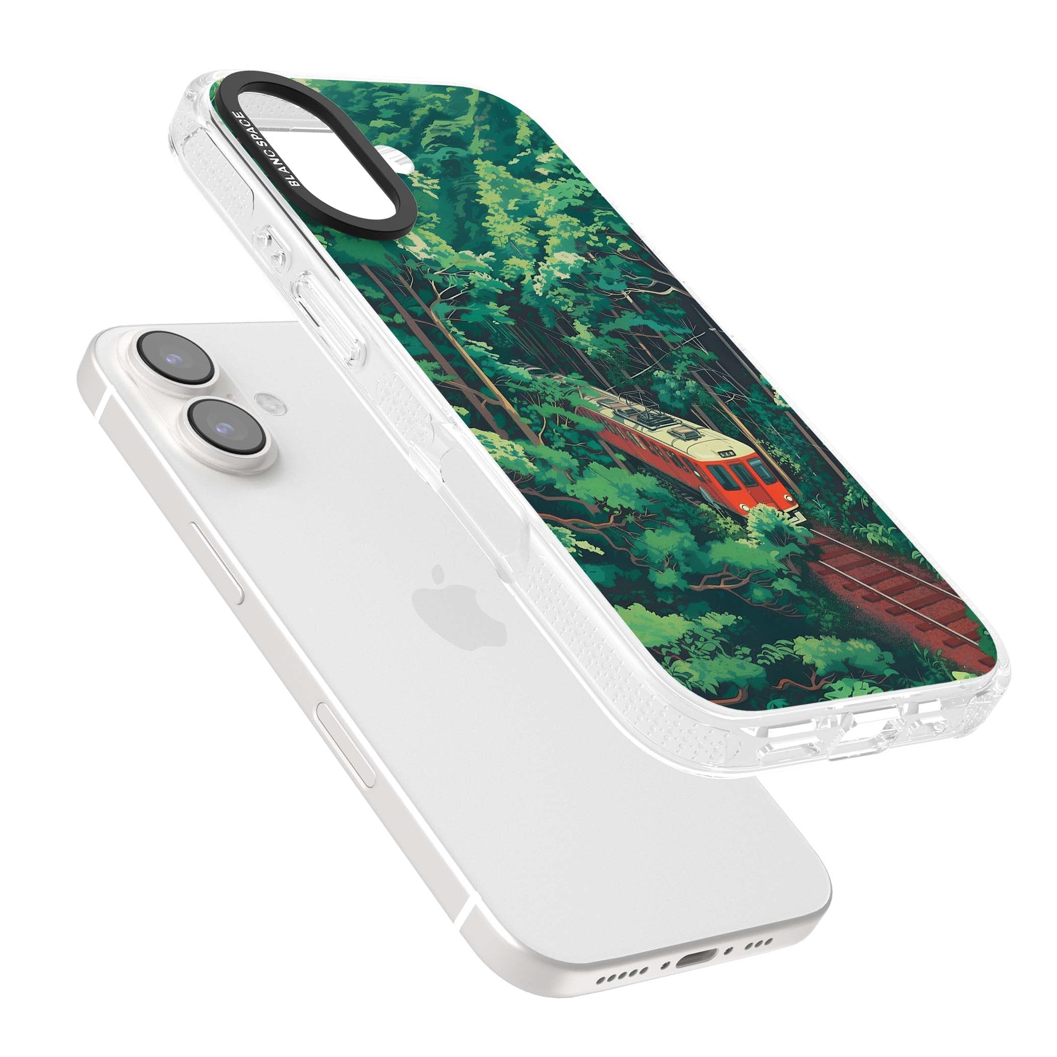 Railway In Toyama Japanese iPhone case featuring a red train, cedar forest and winding mountain railway tracks | Clear Case Impact Air case for iPhone 16, iPhone 16 Plus