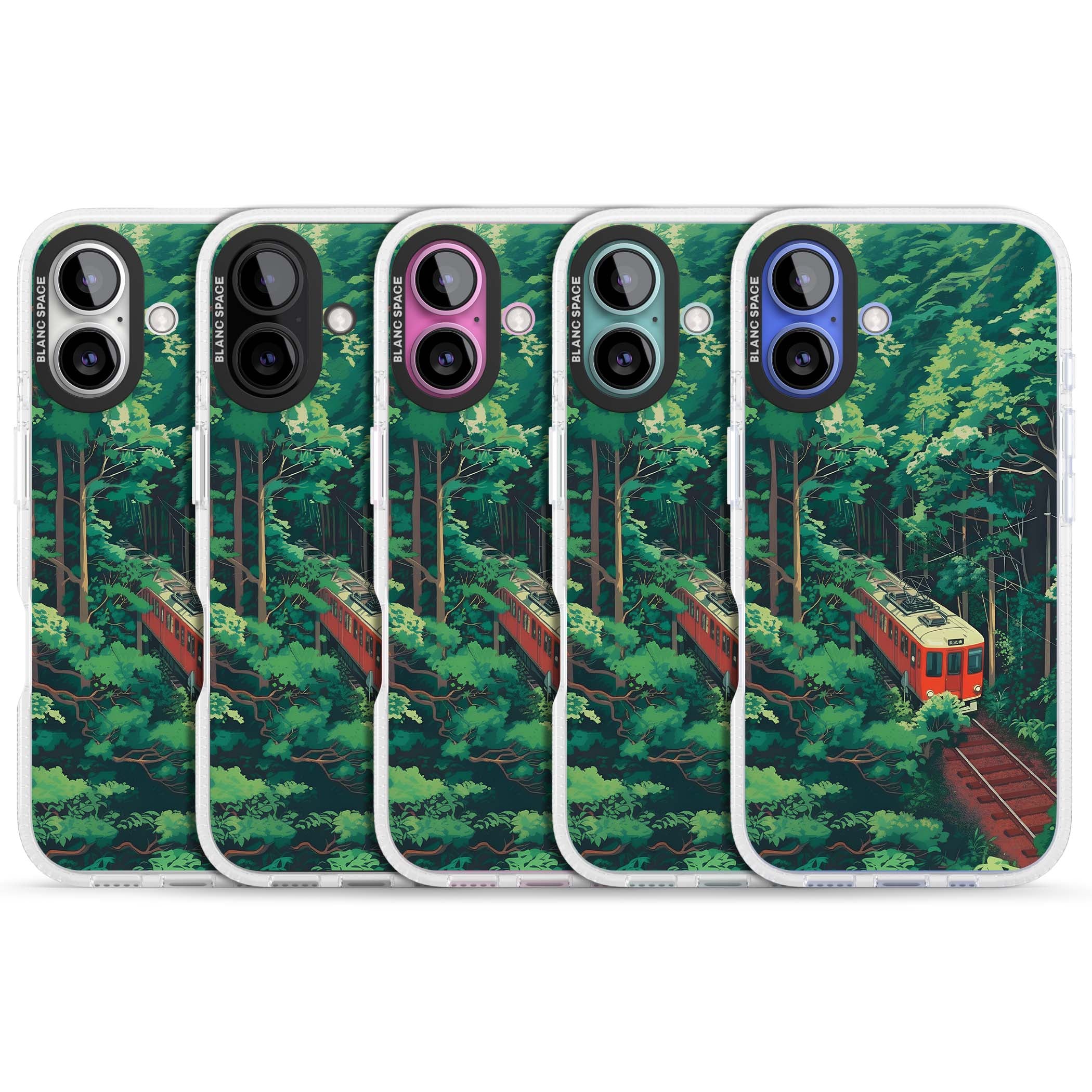 Railway In Toyama Japanese iPhone case featuring a red train, cedar forest and winding mountain railway tracks | Clear Case Impact Air case for iPhone 16, iPhone 16 Plus