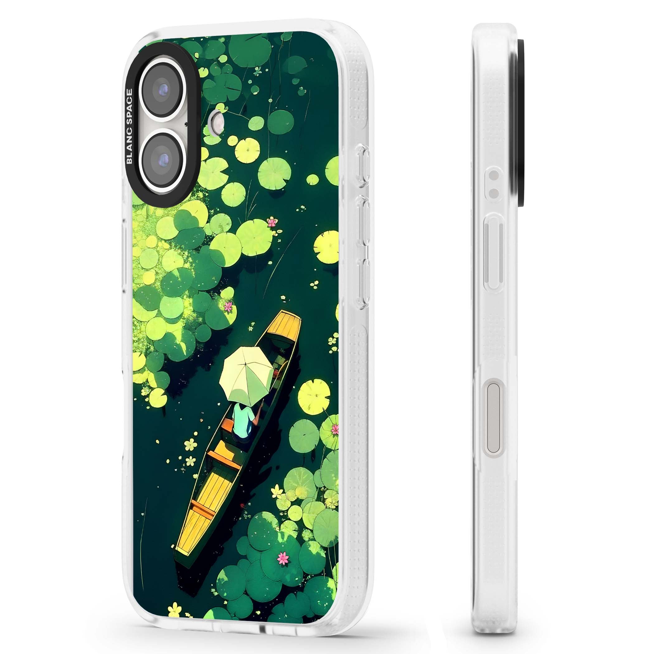 Jade Waters cottagecore iPhone case featuring a painted lily pond, wooden boat with parasol and floating water lilies | Clear Case Impact Air case for iPhone 16, iPhone 16 Plus