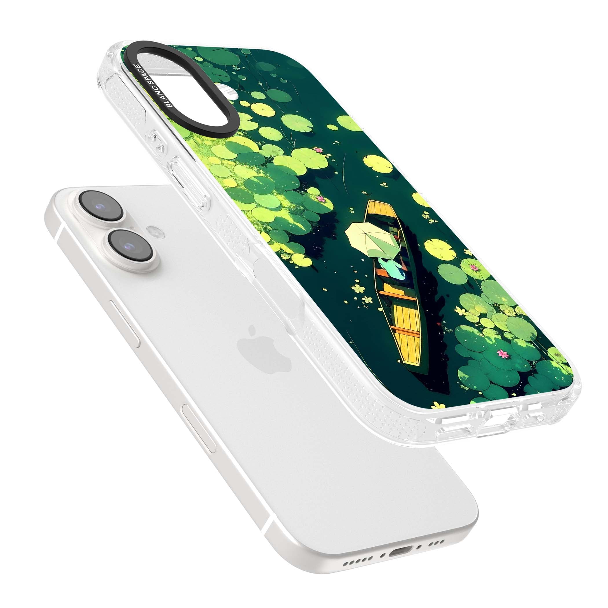 Jade Waters cottagecore iPhone case featuring a painted lily pond, wooden boat with parasol and floating water lilies | Clear Case Impact Air case for iPhone 16, iPhone 16 Plus