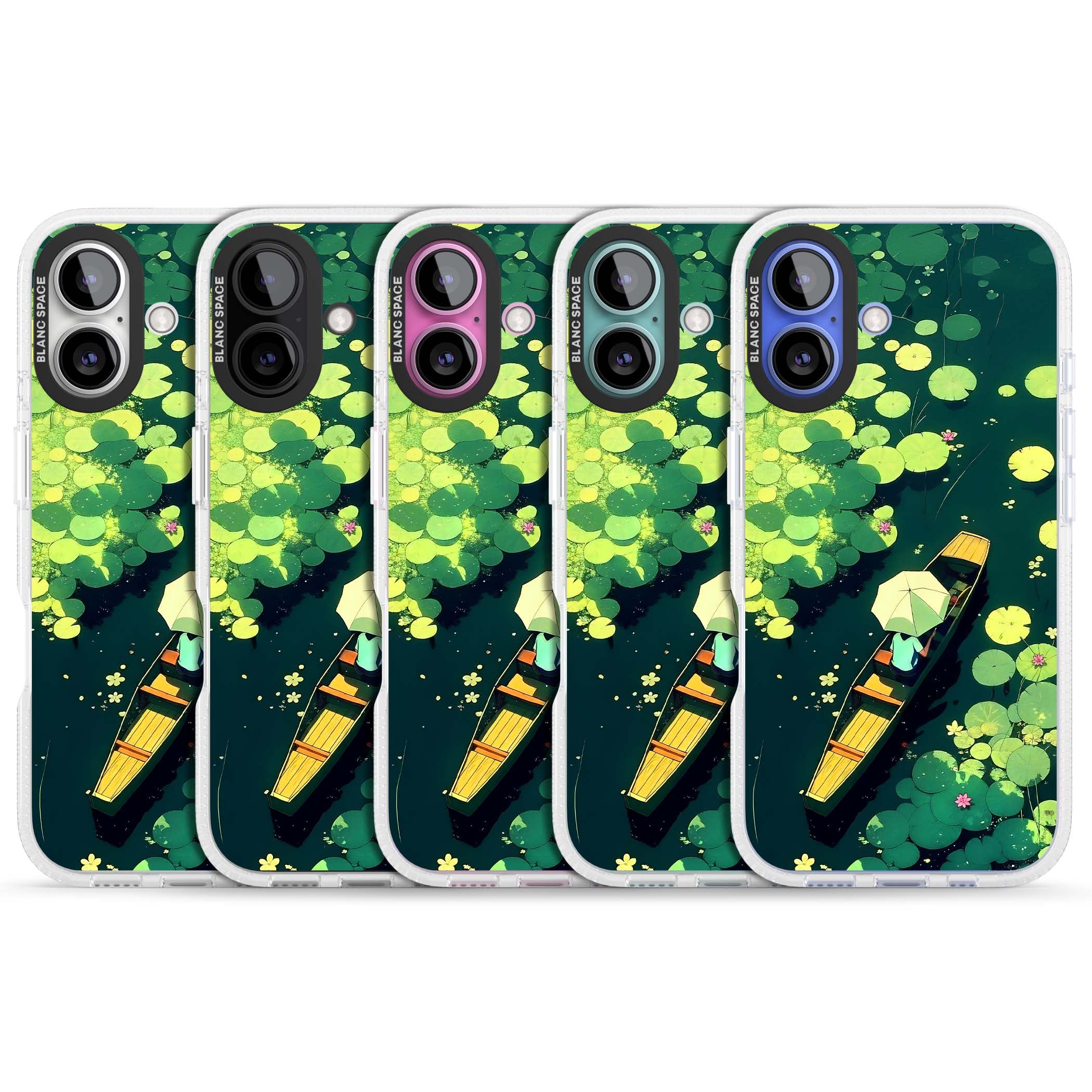 Jade Waters cottagecore iPhone case featuring a painted lily pond, wooden boat with parasol and floating water lilies | Clear Case Impact Air case for iPhone 16, iPhone 16 Plus