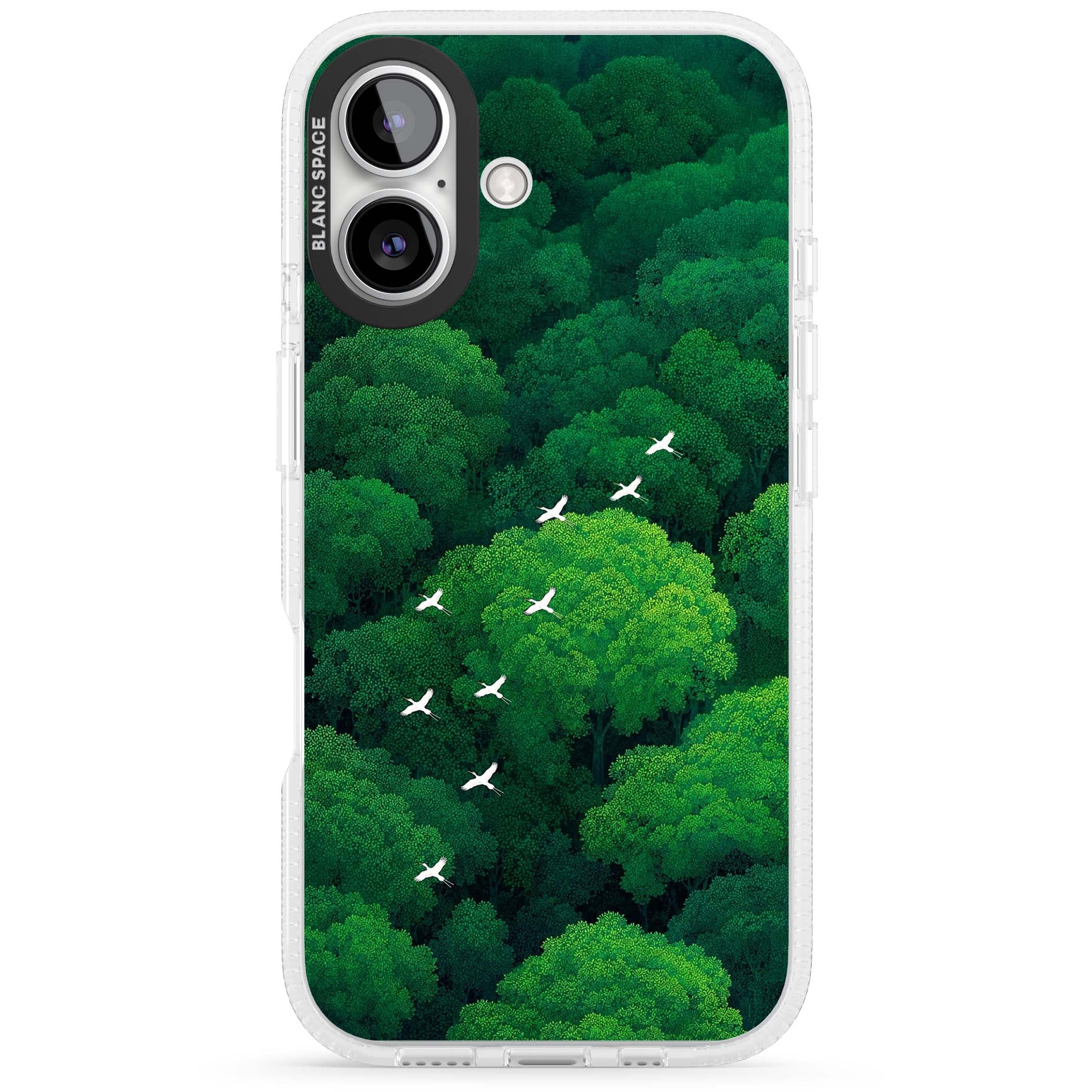 Grove Migration forest iPhone case featuring white cranes flying over lush green treetop canopy | Clear Case Impact Air case for iPhone 16, iPhone 16 Plus