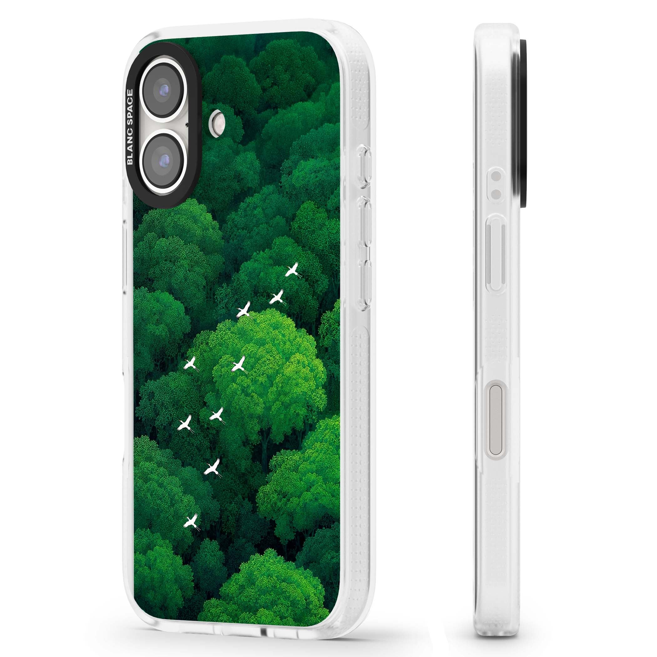 Grove Migration forest iPhone case featuring white cranes flying over lush green treetop canopy | Clear Case Impact Air case for iPhone 16, iPhone 16 Plus