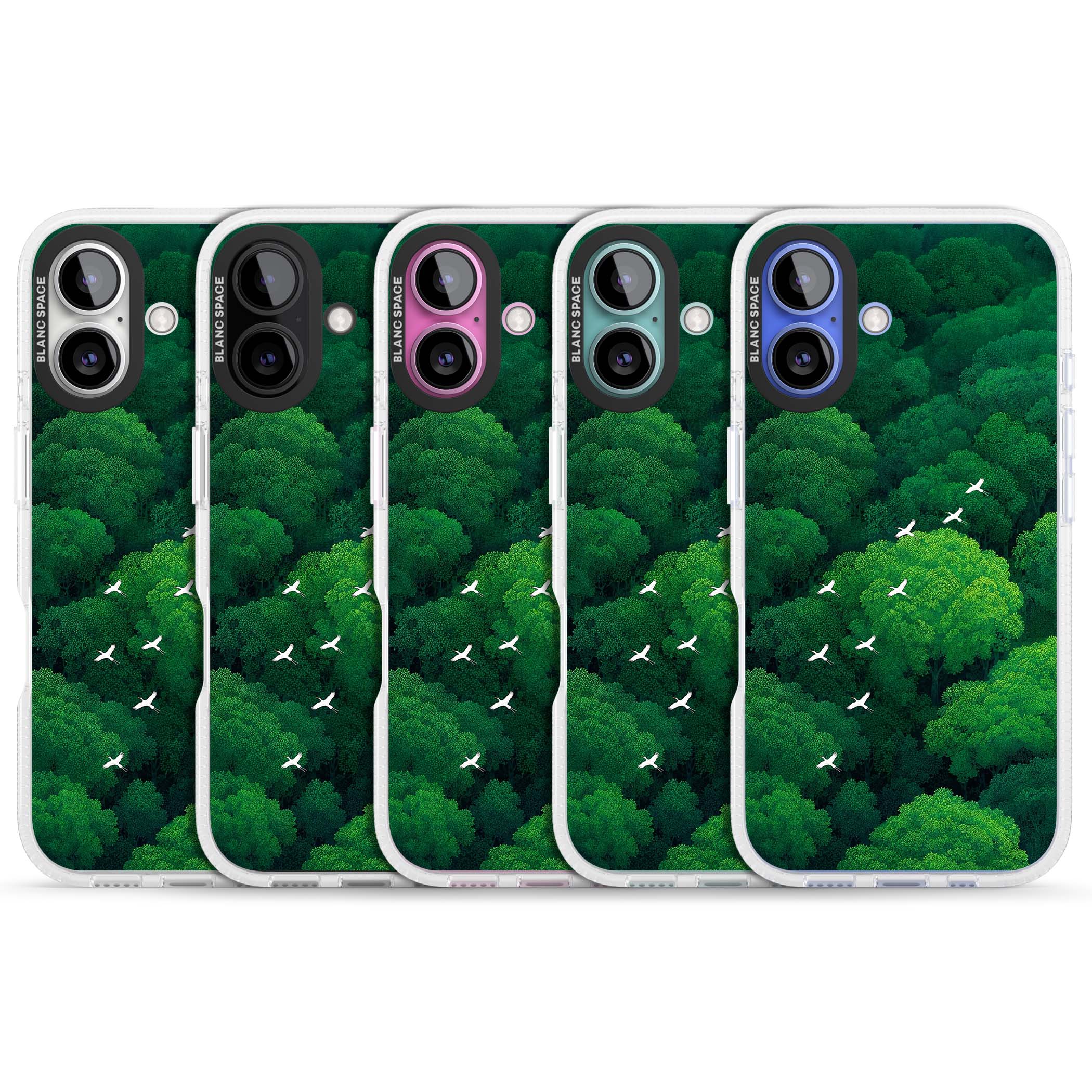 Grove Migration forest iPhone case featuring white cranes flying over lush green treetop canopy | Clear Case Impact Air case for iPhone 16, iPhone 16 Plus