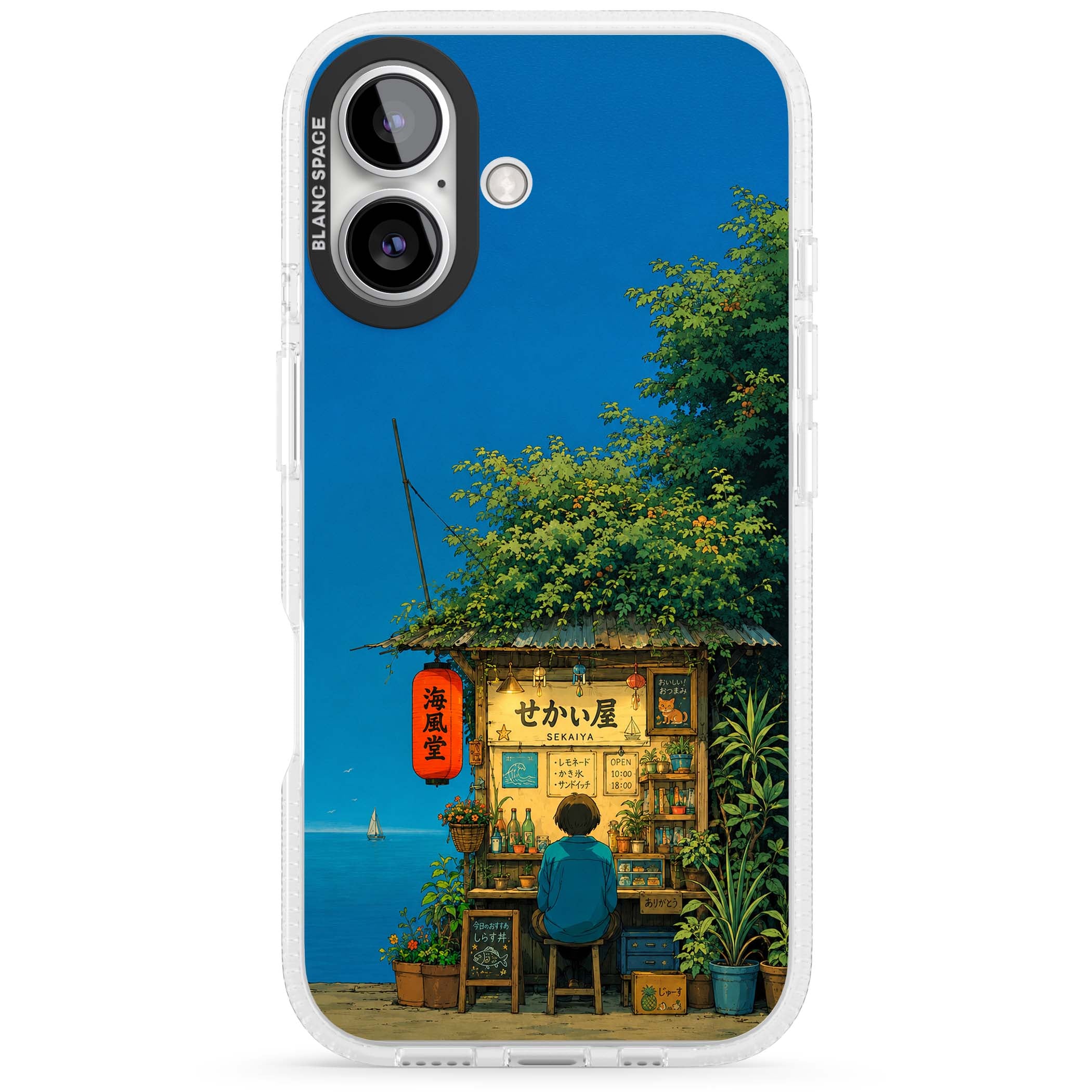 The Shirahama Kiosk anime iPhone case featuring a Japanese seaside shop, red paper lantern and ocean view | Clear Case Impact Air case for iPhone 16, iPhone 16 Plus