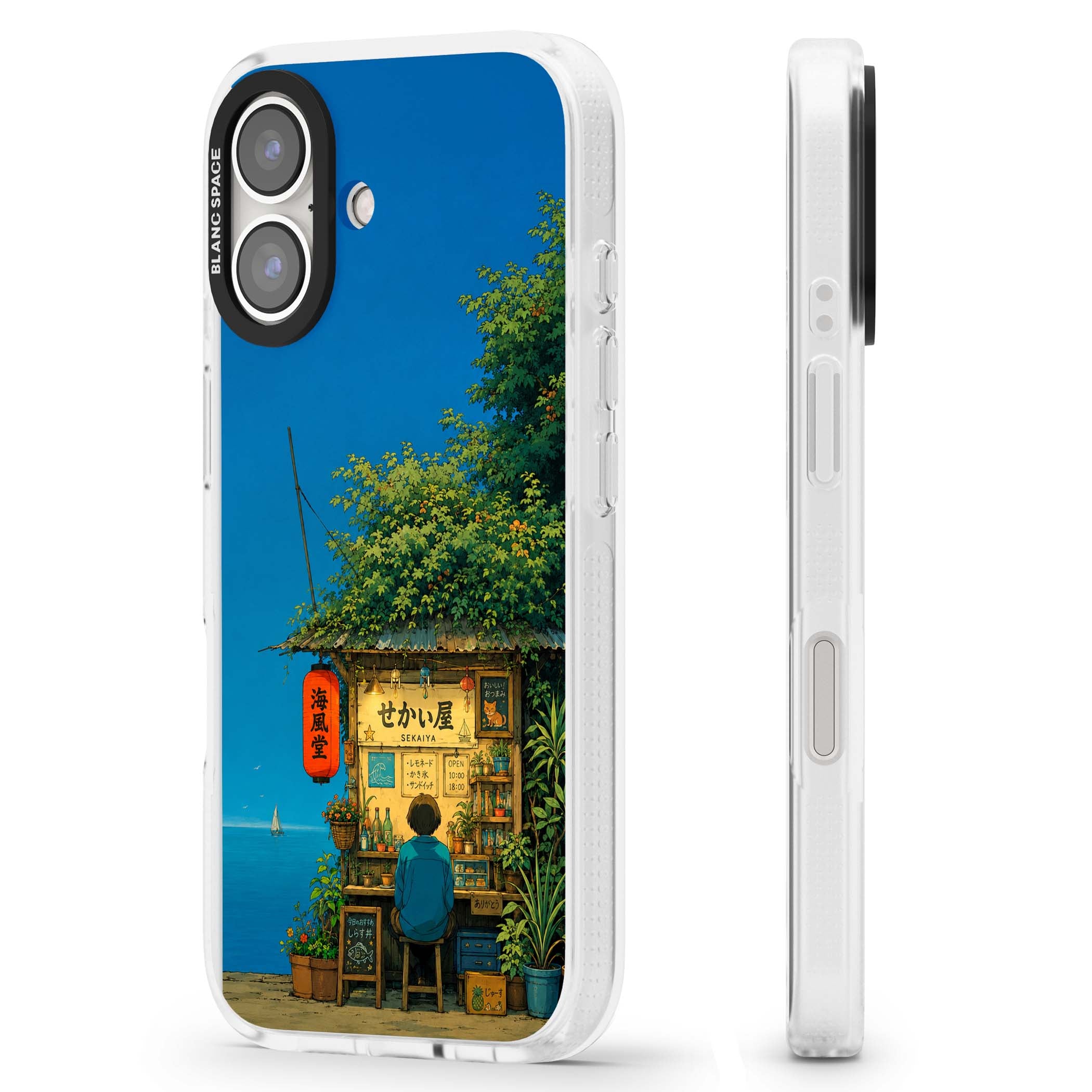 The Shirahama Kiosk anime iPhone case featuring a Japanese seaside shop, red paper lantern and ocean view | Clear Case Impact Air case for iPhone 16, iPhone 16 Plus