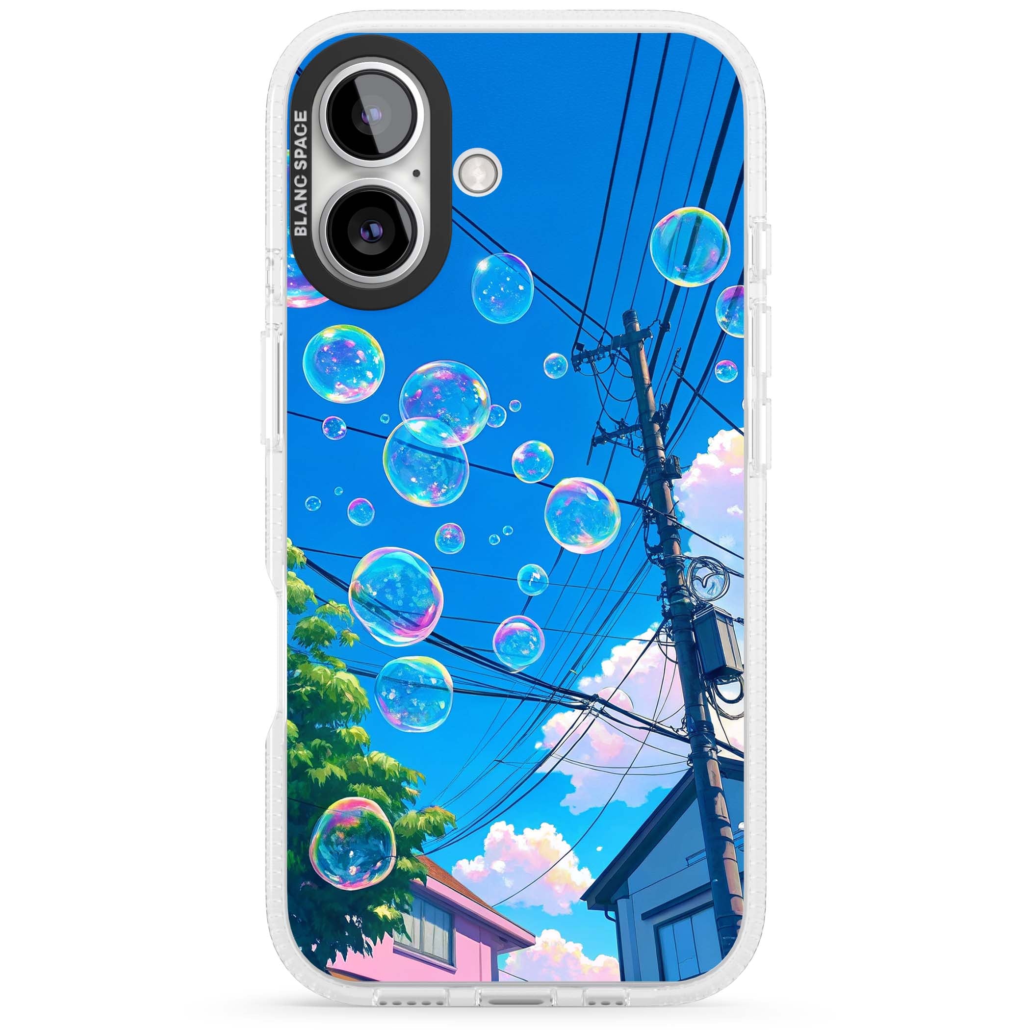 Suburban Bubbles anime iPhone case featuring iridescent soap bubbles, blue sky and Japanese telephone wires | Clear Case Impact Air case for iPhone 16, iPhone 16 Plus