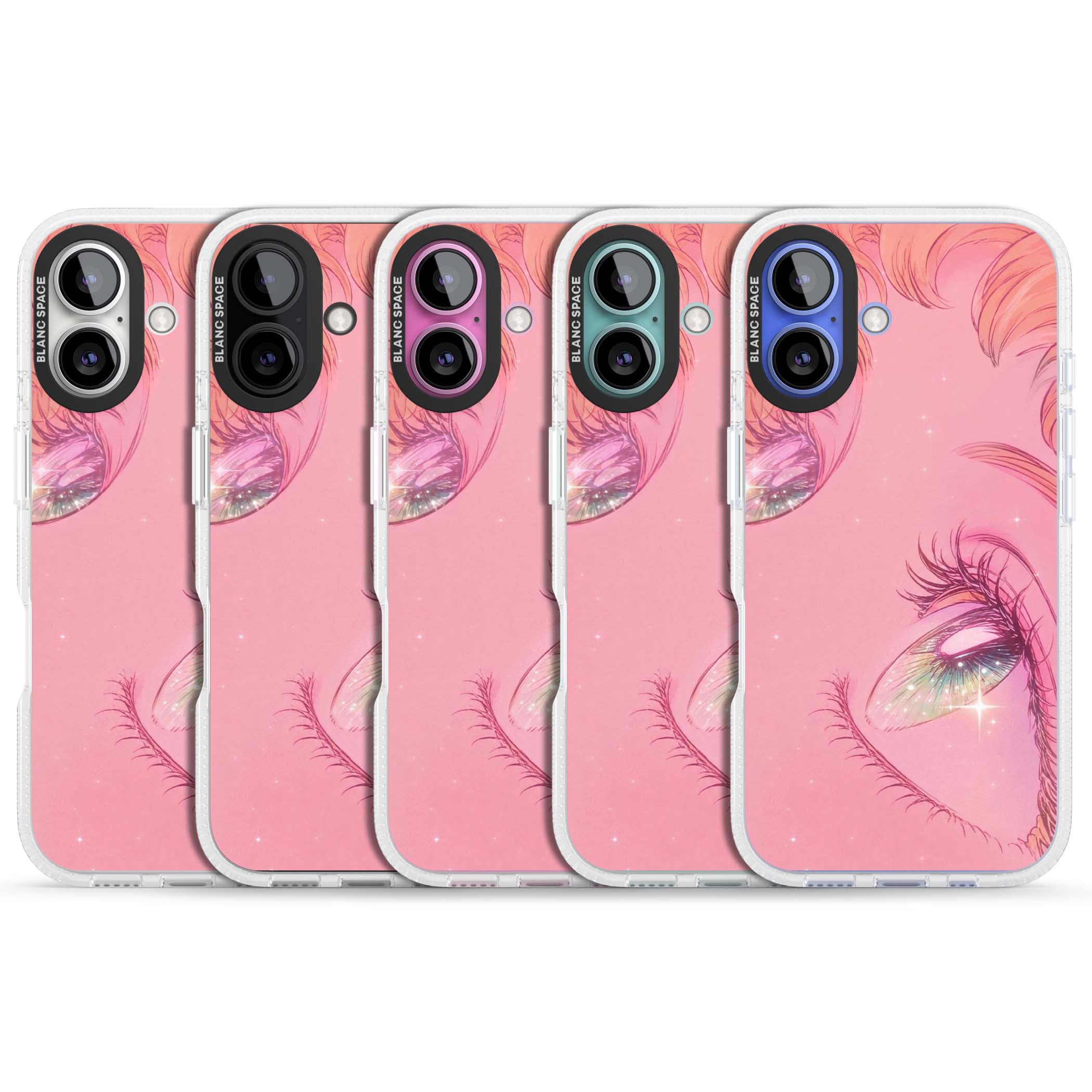 Pink Ethereal Gaze anime iPhone case featuring sparkling manga eyes, coral lashes and dreamy peach sky | Clear Case Impact Air case for iPhone 16, iPhone 16 Plus