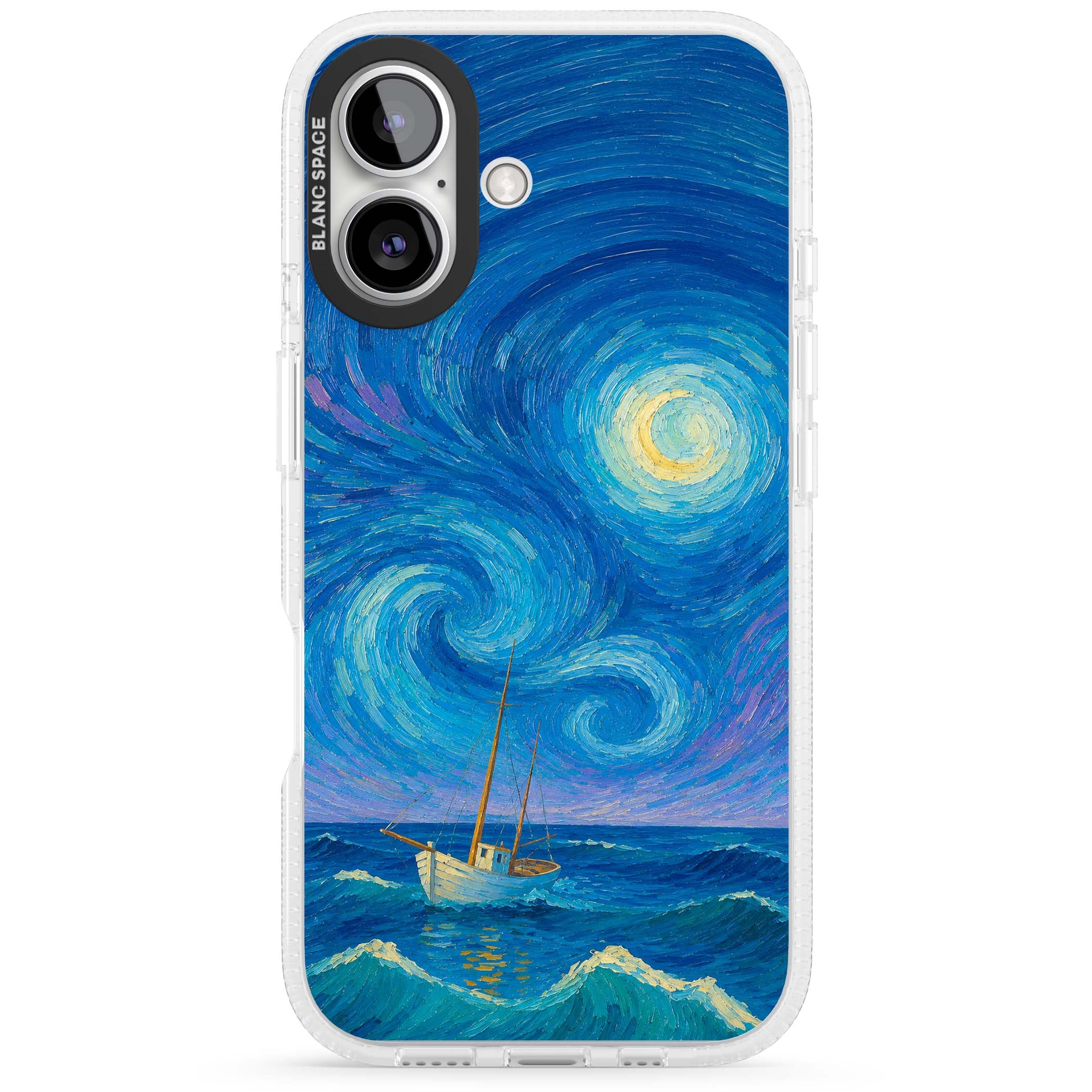 Moonlit Tide Van Gogh art iPhone case featuring swirling starry night sky, glowing moon and lone sailing boat at sea | Clear Case Impact Air case for iPhone 16, iPhone 16 Plus