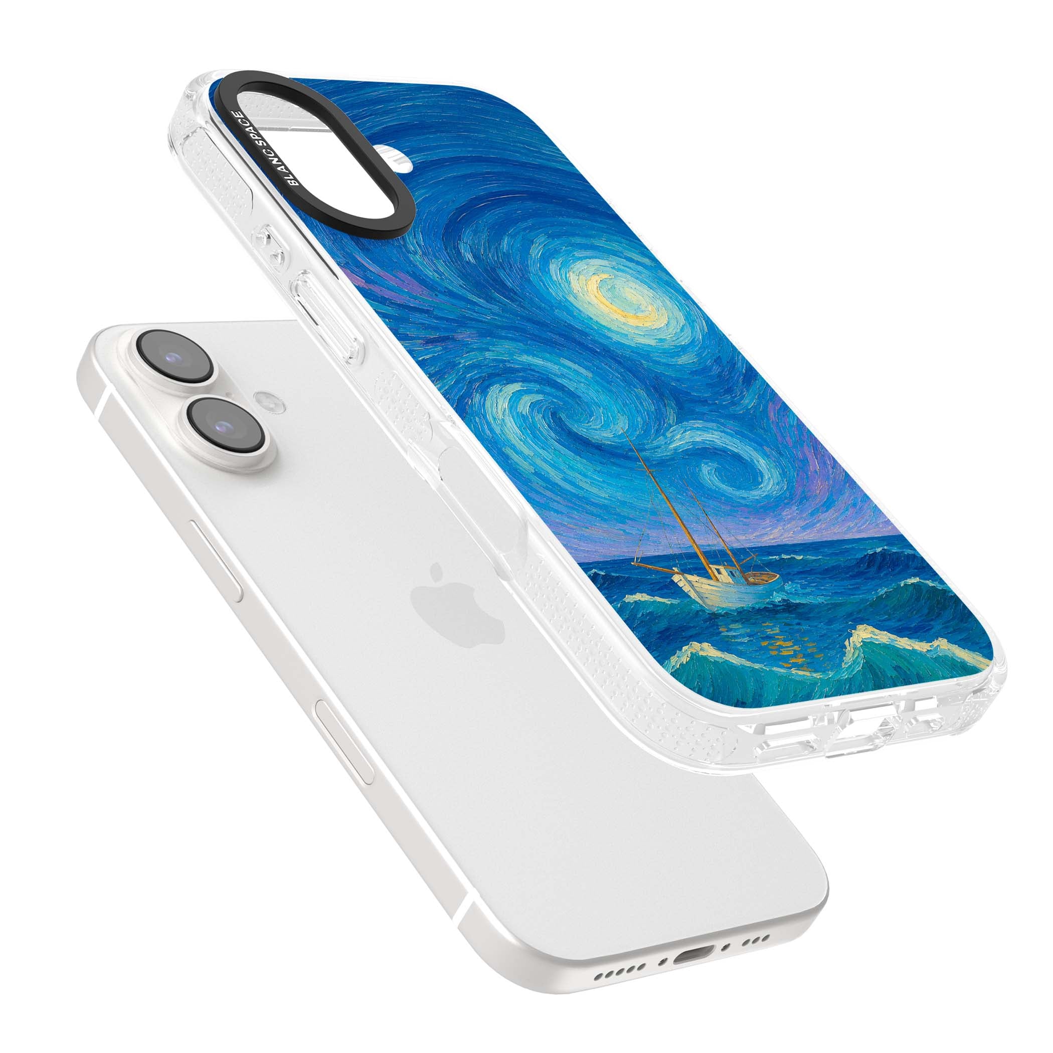 Moonlit Tide Van Gogh art iPhone case featuring swirling starry night sky, glowing moon and lone sailing boat at sea | Clear Case Impact Air case for iPhone 16, iPhone 16 Plus
