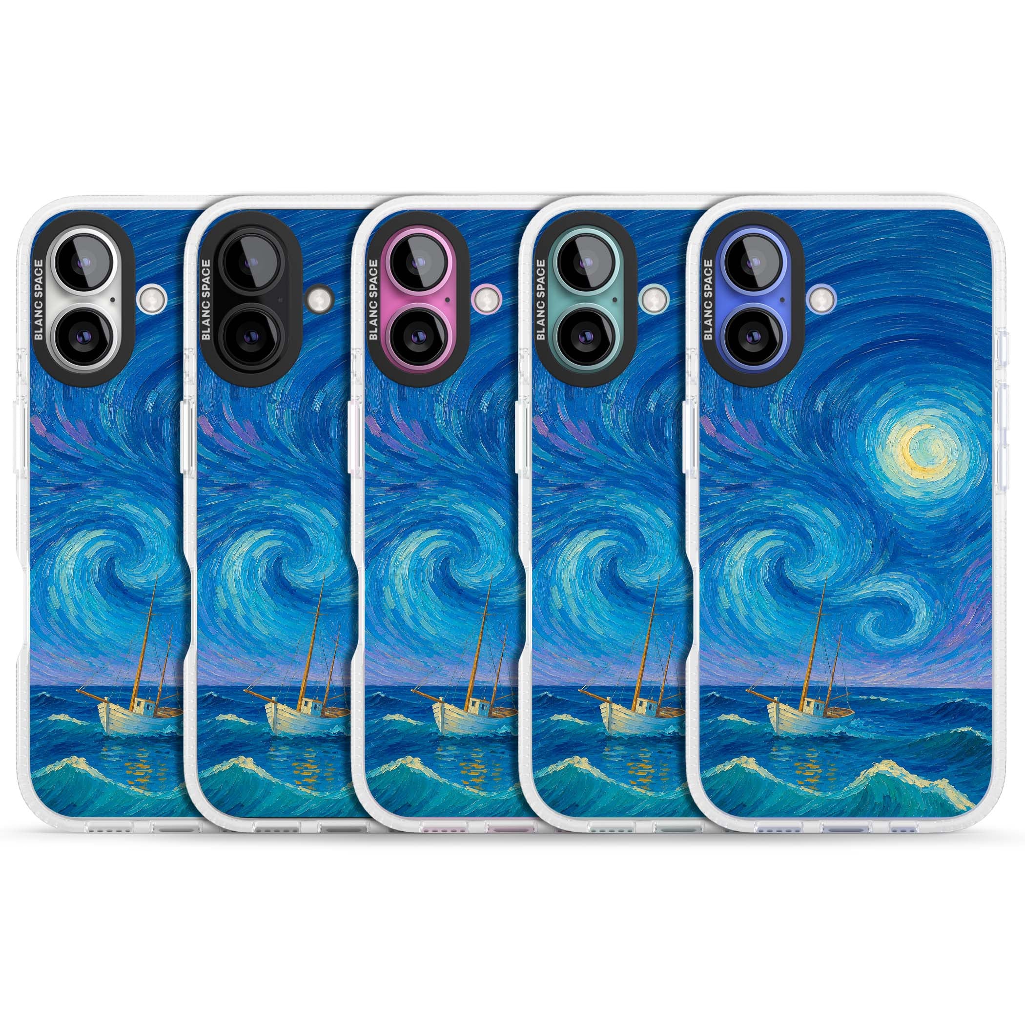 Moonlit Tide Van Gogh art iPhone case featuring swirling starry night sky, glowing moon and lone sailing boat at sea | Clear Case Impact Air case for iPhone 16, iPhone 16 Plus