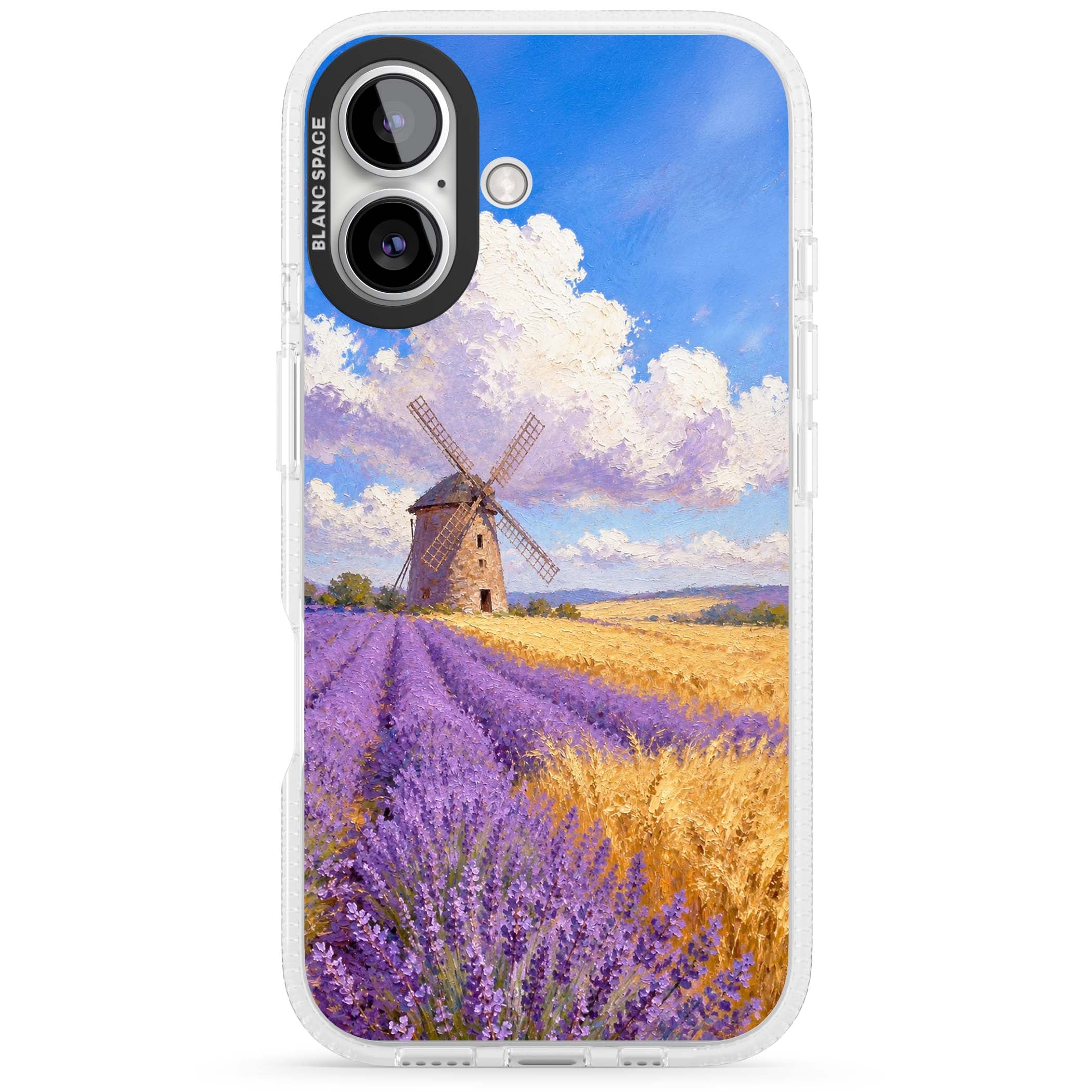 Lavender Mill cottagecore iPhone case featuring a French windmill, lavender field and golden wheat oil painting | Clear Case Impact Air case for iPhone 16, iPhone 16 Plus
