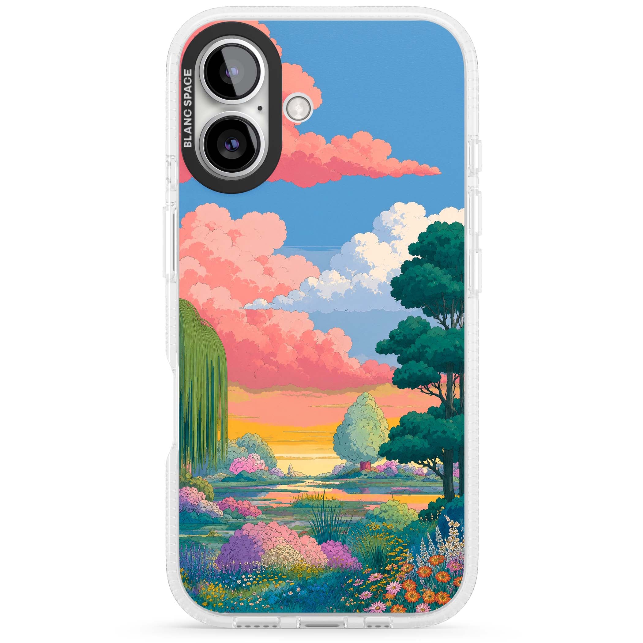 Dream Valley anime landscape iPhone case featuring pink sunset clouds, willow trees and wildflowers | Clear Case Impact Air case for iPhone 16, iPhone 16 Plus