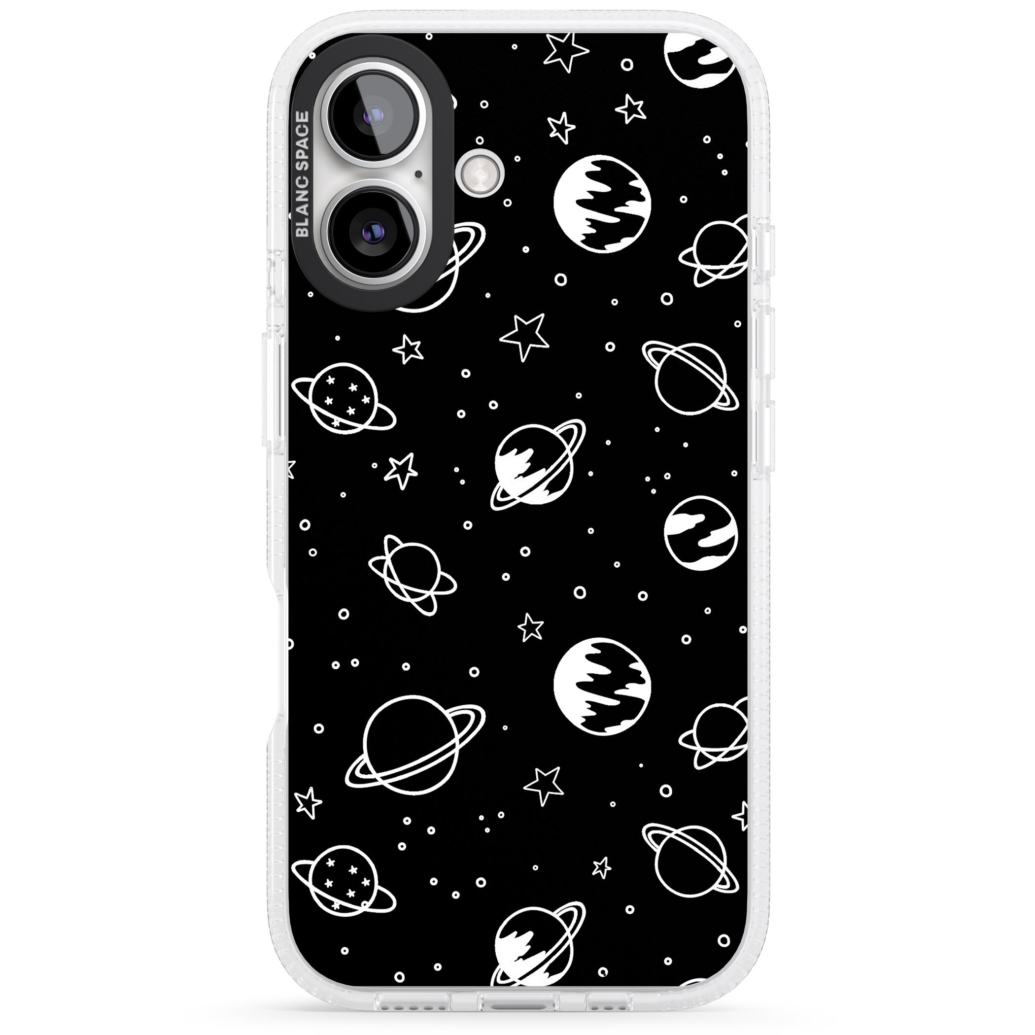 Cosmic Outer Space Design White on Black iPhone 16 / 16 Plus Clear Case Impact Air - Blanc Space
