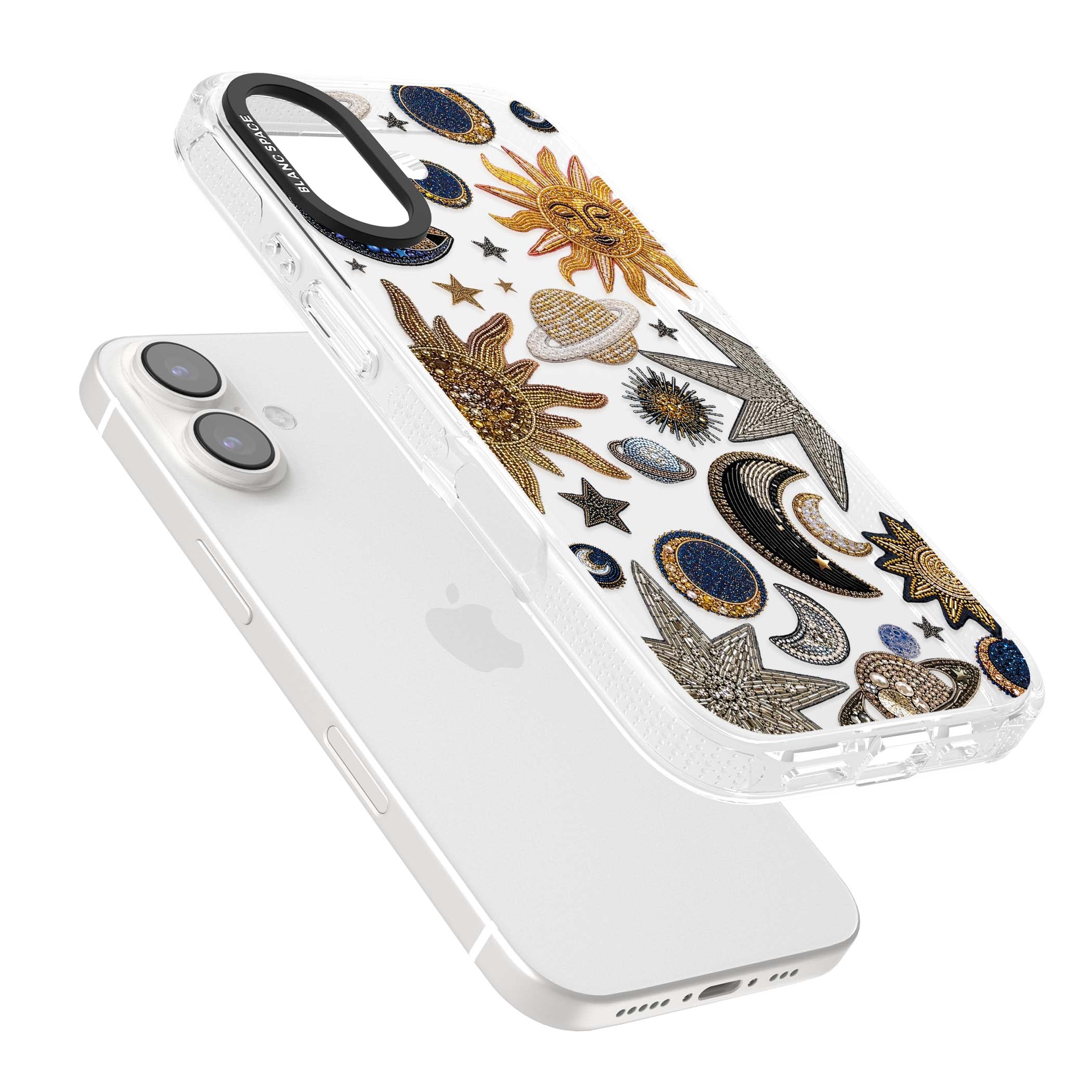 Beaded Cosmos celestial iPhone case featuring embroidered golden suns, beaded planets and silver shooting stars | Clear Case Impact Air case for iPhone 16, iPhone 16 Plus