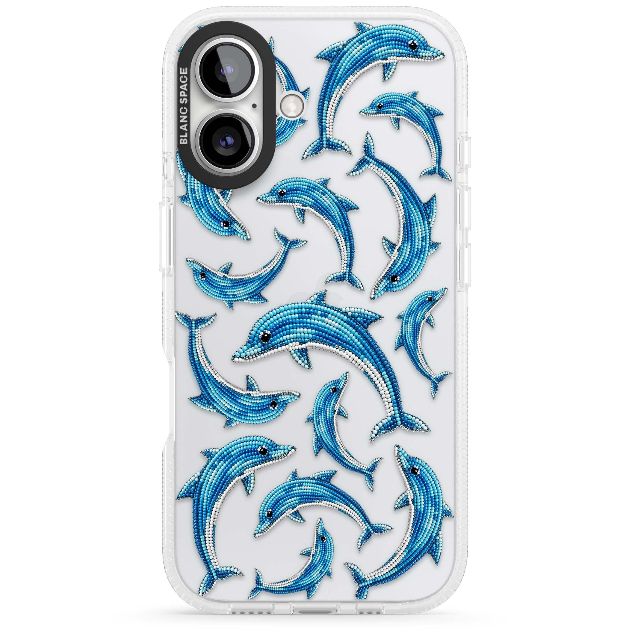 Beaded Dolphins coastal iPhone case featuring beaded dolphins in blue and white swimming across a clear background | Clear Case Impact Air case for iPhone 16, iPhone 16 Plus