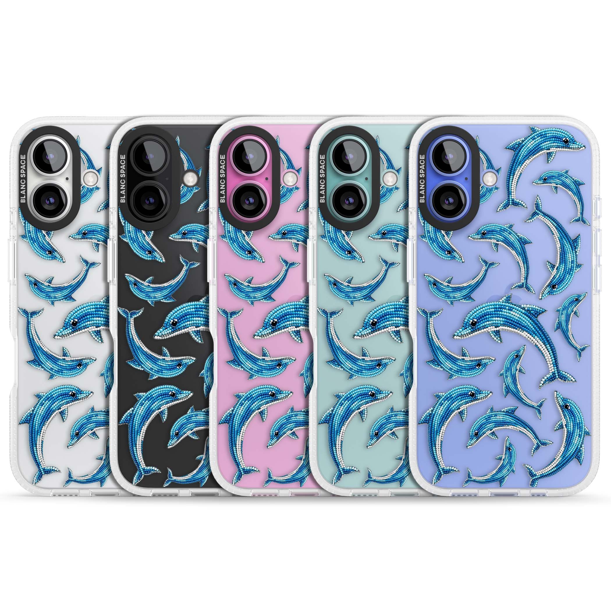 Beaded Dolphins coastal iPhone case featuring beaded dolphins in blue and white swimming across a clear background | Clear Case Impact Air case for iPhone 16, iPhone 16 Plus