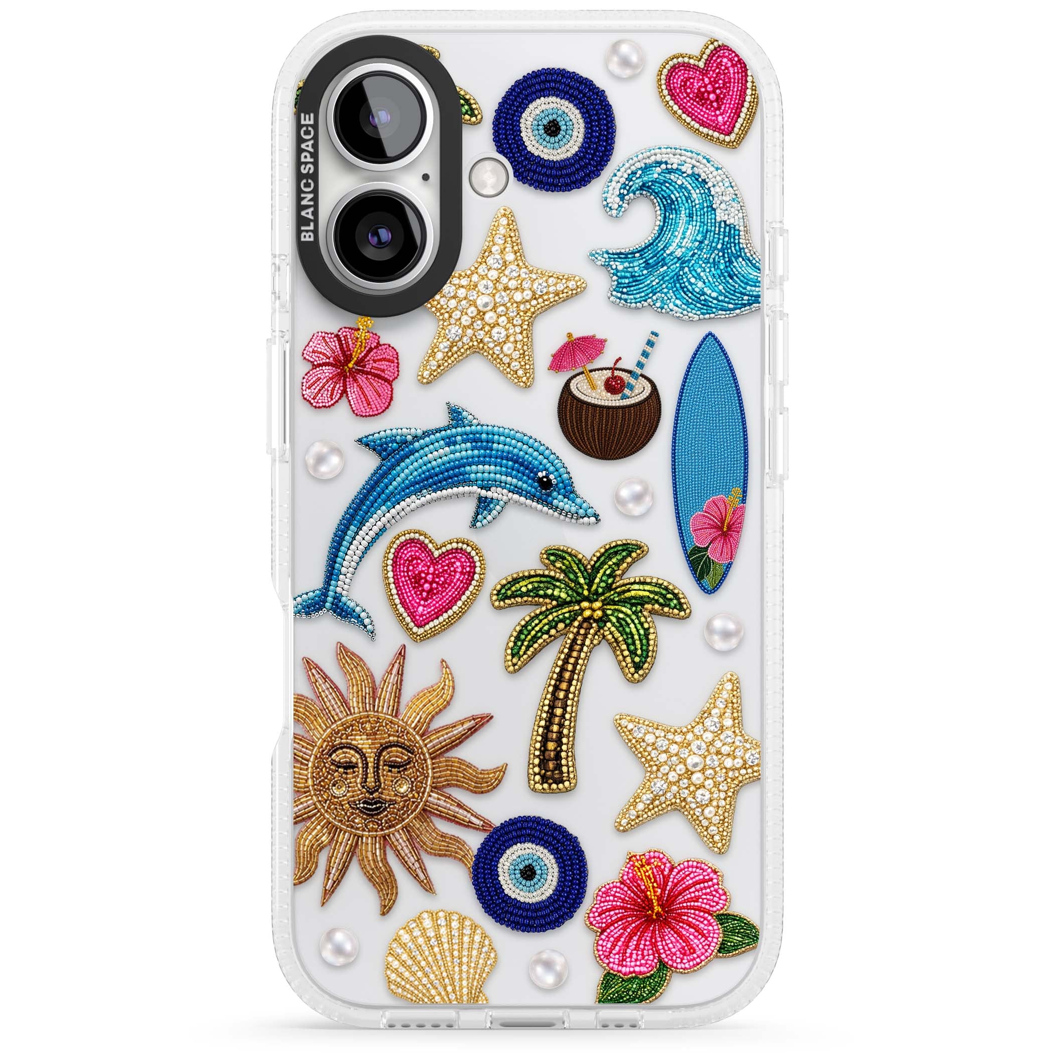 Beaded Beach coastal summer iPhone case featuring embroidered evil eye, hibiscus flowers, dolphin and palm tree patches | Clear Case Impact Air case for iPhone 16, iPhone 16 Plus