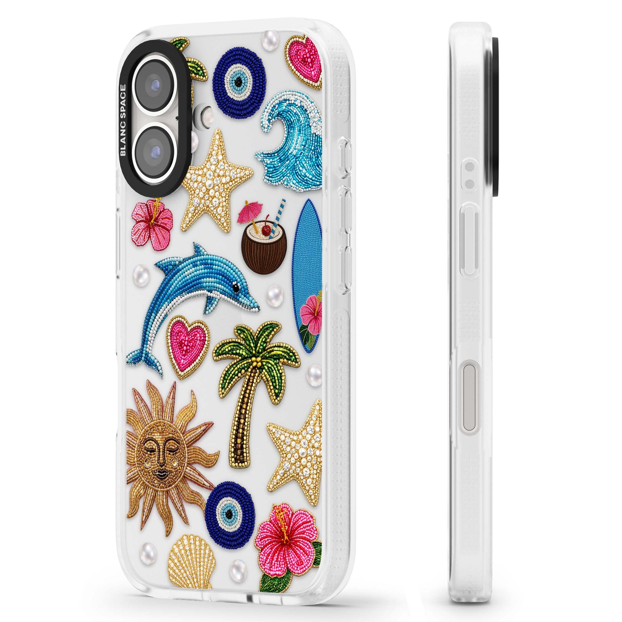 Beaded Beach coastal summer iPhone case featuring embroidered evil eye, hibiscus flowers, dolphin and palm tree patches | Clear Case Impact Air case for iPhone 16, iPhone 16 Plus