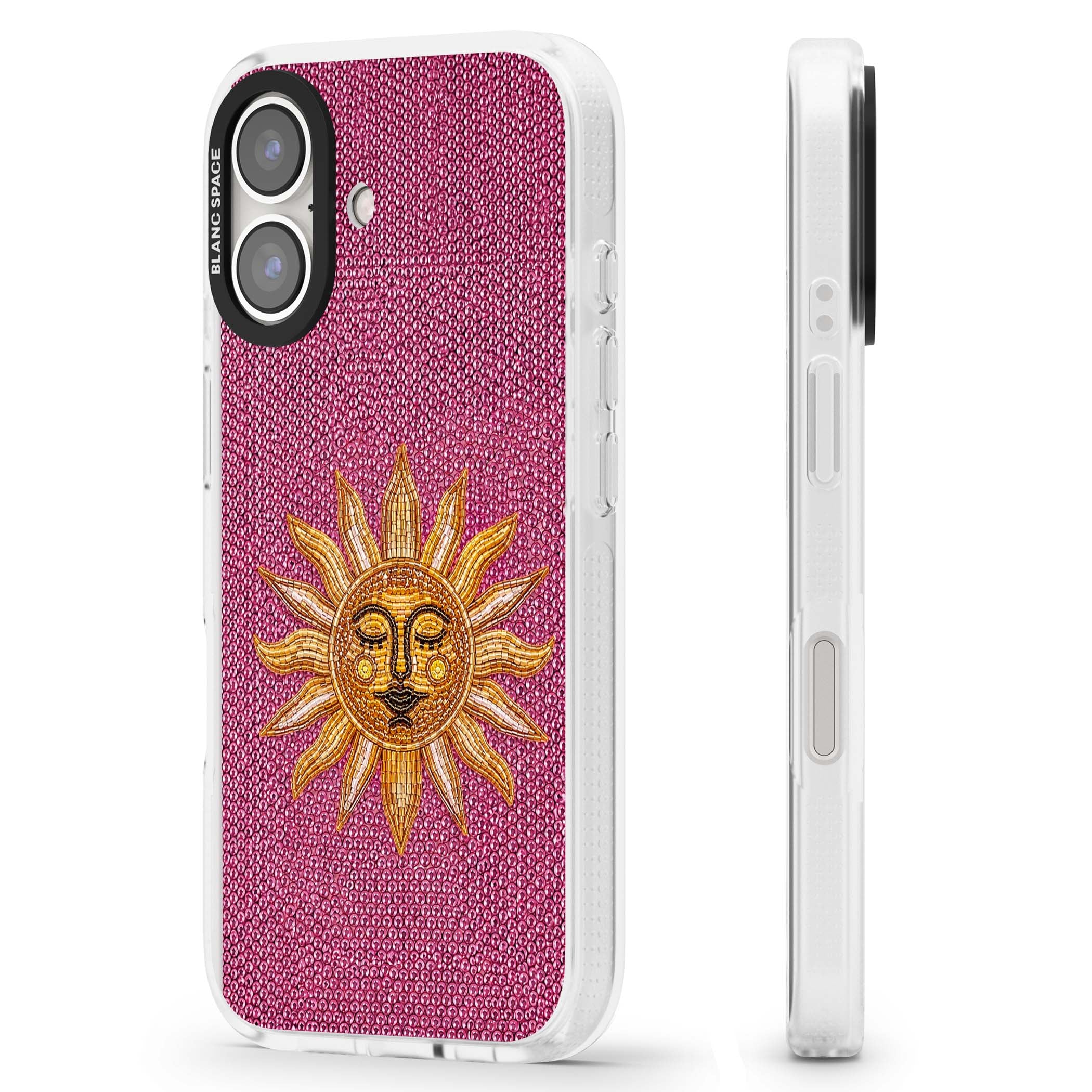 Beaded Sun celestial iPhone case featuring a golden beaded sun face with radiant rays on hot pink beaded background | Clear Case Impact Air case for iPhone 16, iPhone 16 Plus