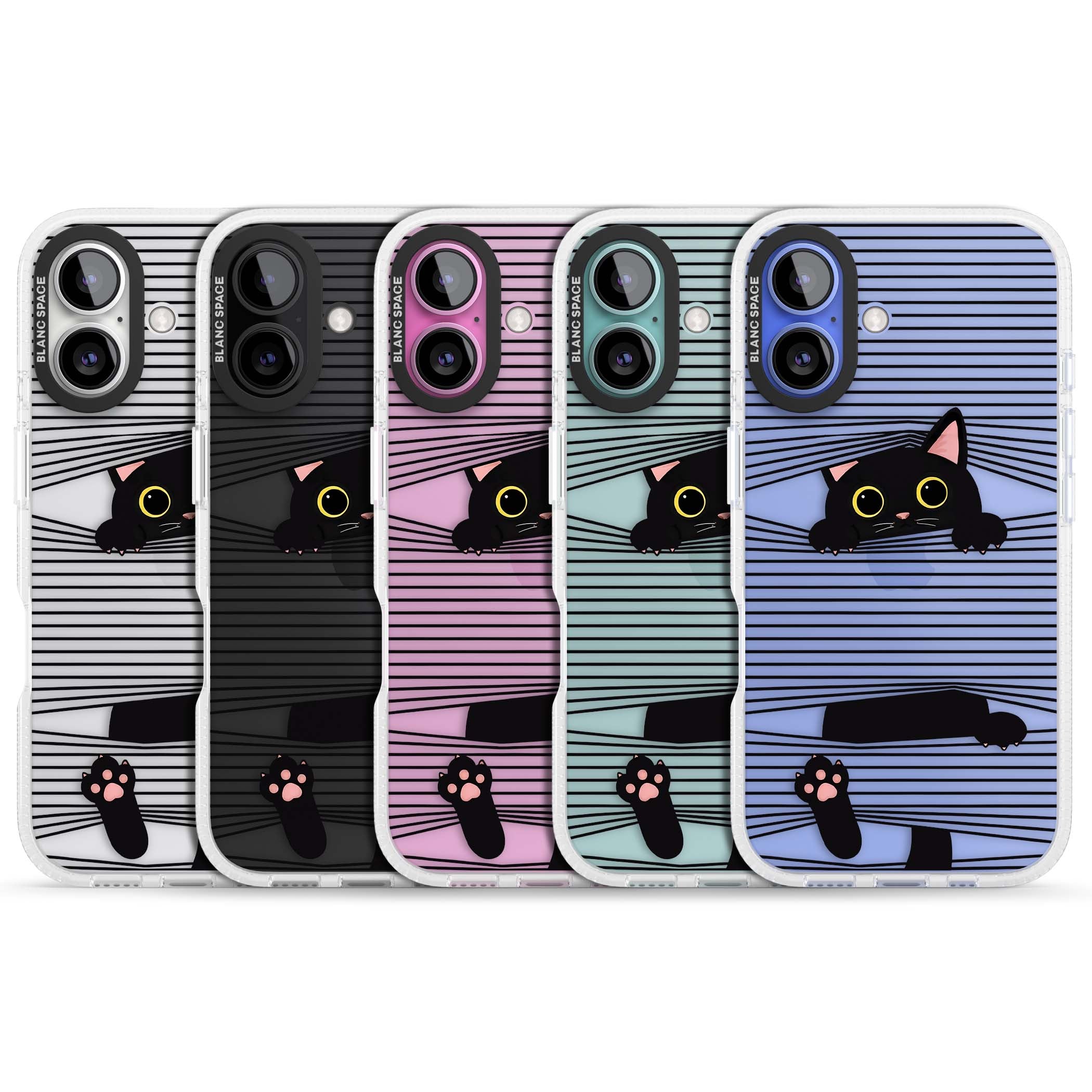 Peek-a-Boo Cat minimal iPhone case featuring black cat peeking through horizontal black and white stripes | Clear Case Impact Air case for iPhone 16, iPhone 16 Plus