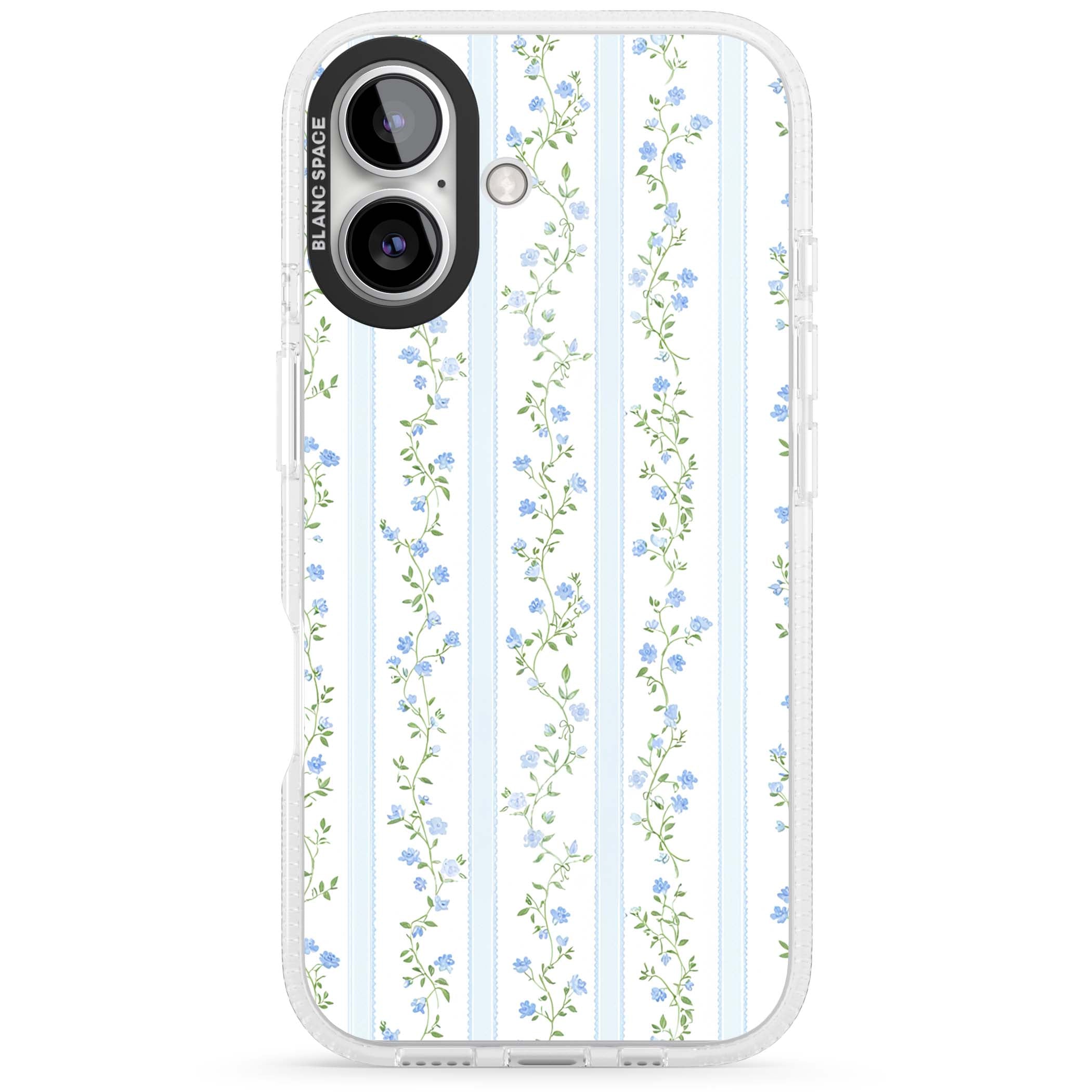 Bluebell Vine cottagecore iPhone case featuring climbing blue roses, trailing green vines, and pale ticking stripes | Clear Case Impact Air case for iPhone 16, iPhone 16 Plus