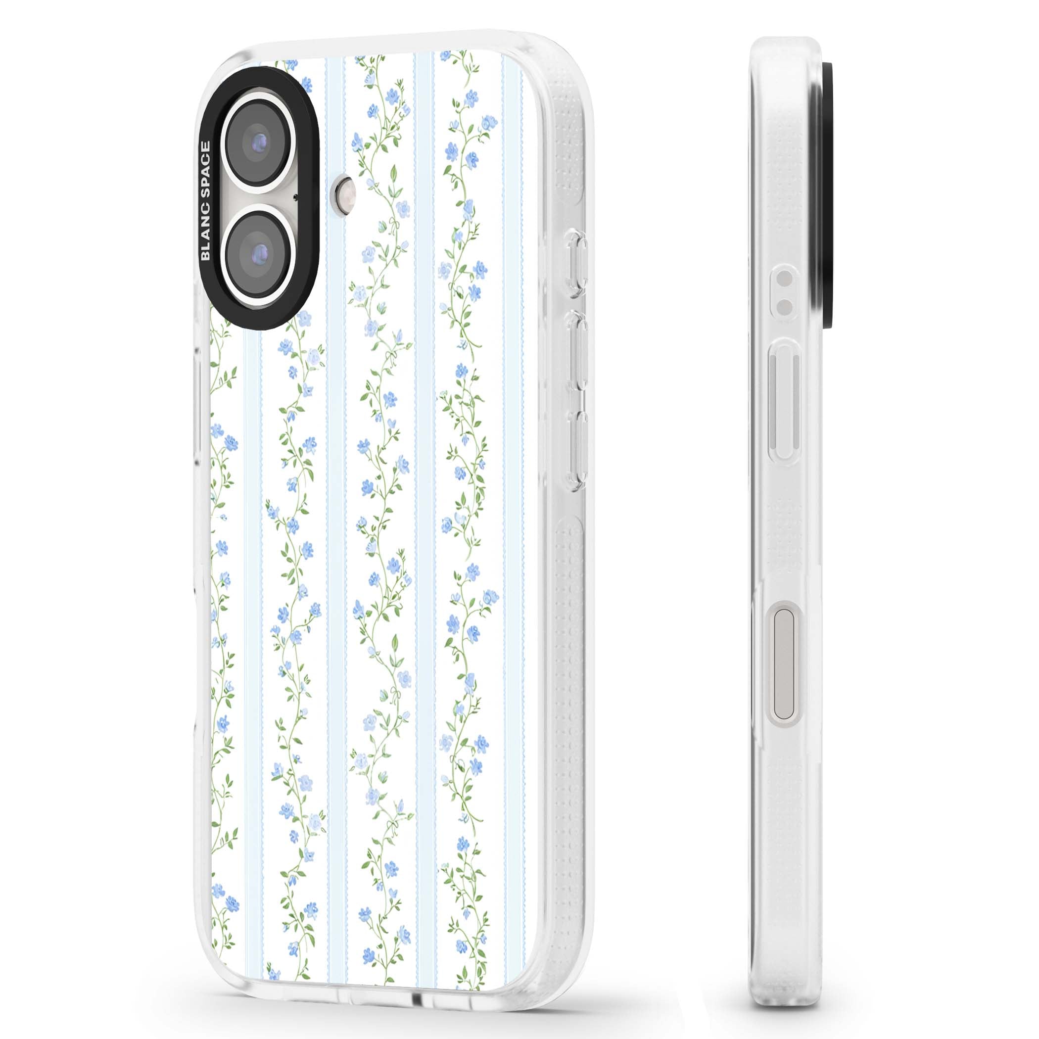 Bluebell Vine cottagecore iPhone case featuring climbing blue roses, trailing green vines, and pale ticking stripes | Clear Case Impact Air case for iPhone 16, iPhone 16 Plus