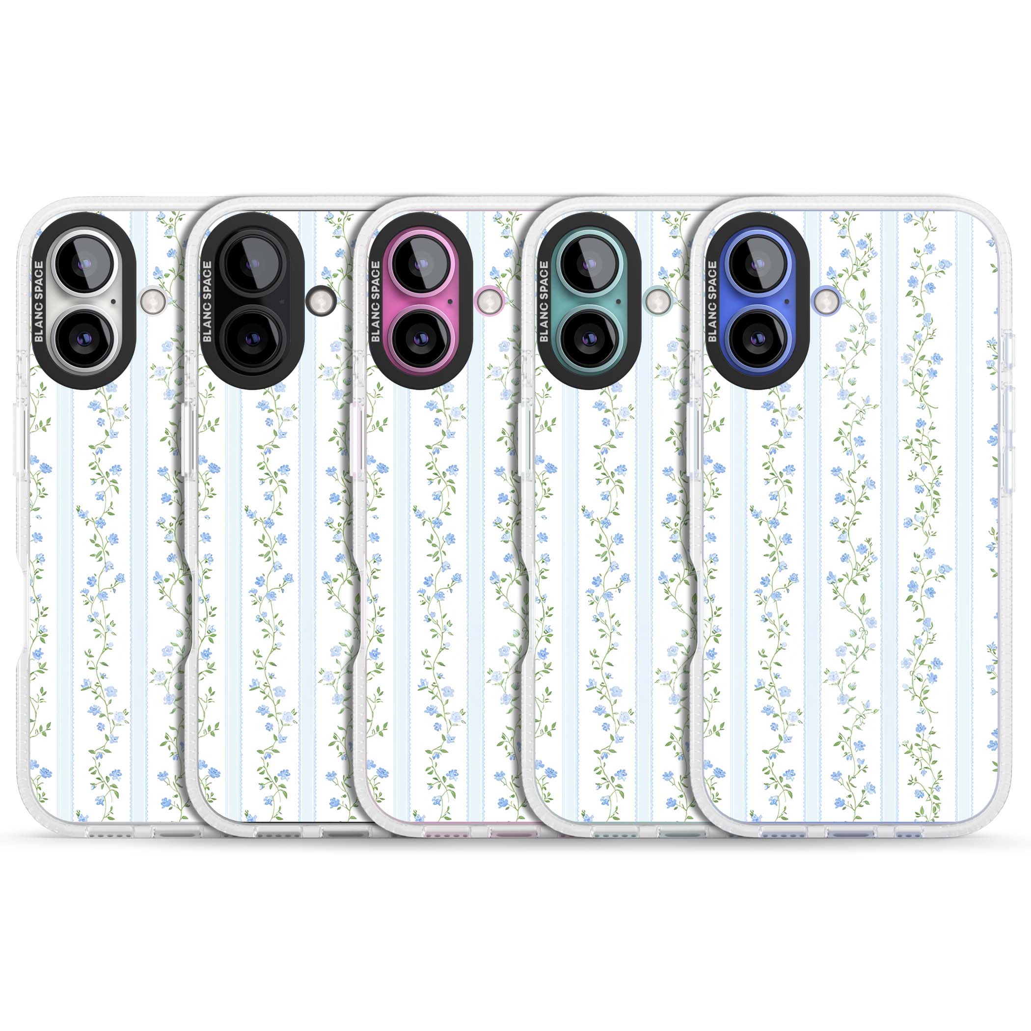 Bluebell Vine cottagecore iPhone case featuring climbing blue roses, trailing green vines, and pale ticking stripes | Clear Case Impact Air case for iPhone 16, iPhone 16 Plus