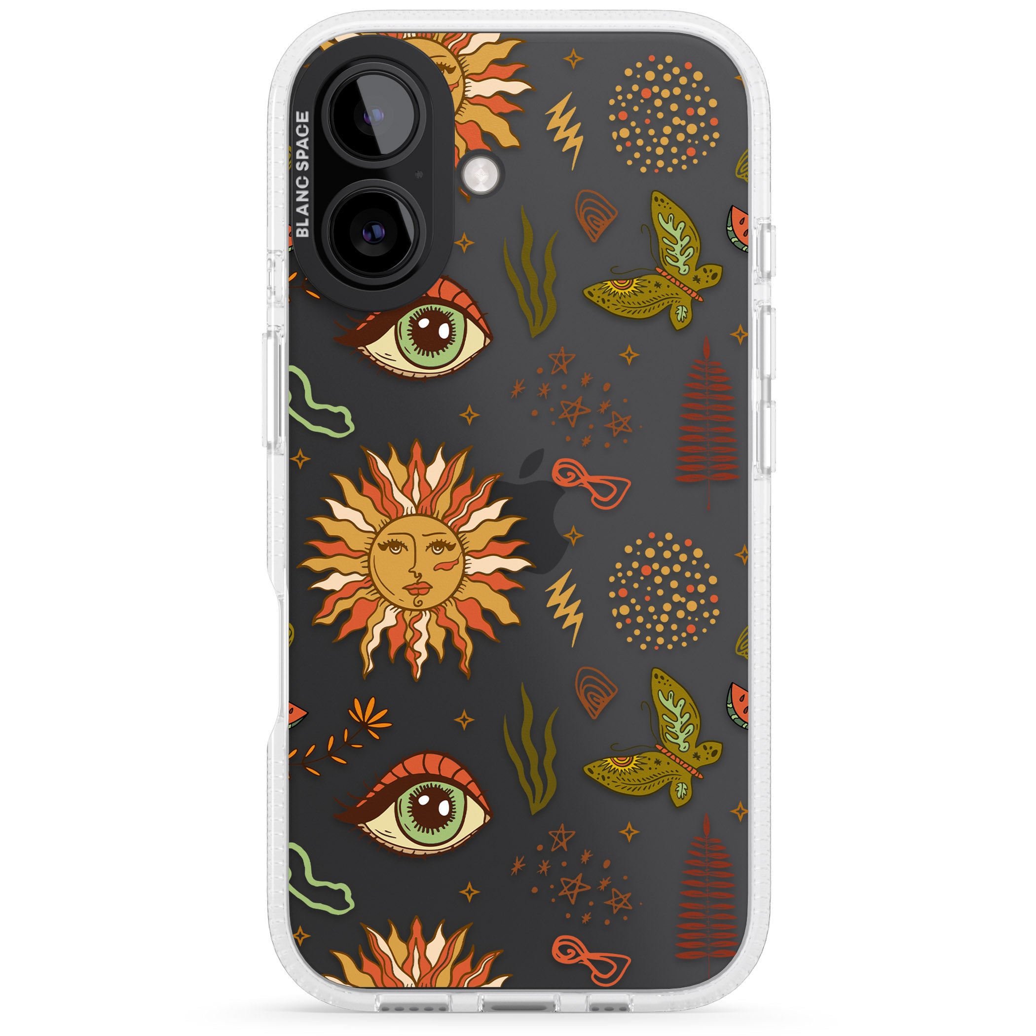 Boho Celestial Sun & Eye Pattern iPhone 16 / 16 Plus Clear Case Impact Air - Blanc Space
