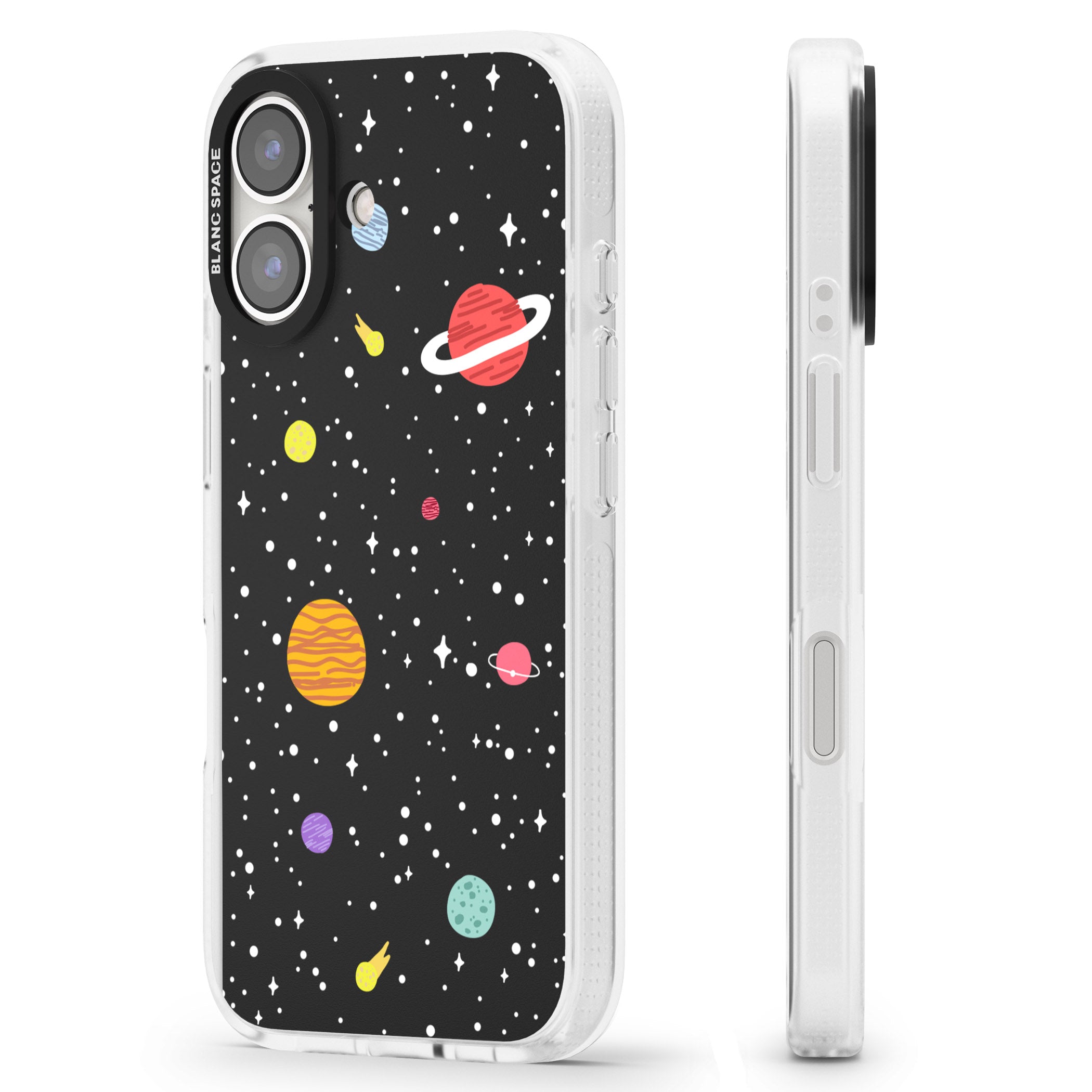 Cute Cartoon Planets iPhone 16 / 16 Plus Clear Case Impact Air - Blanc Space