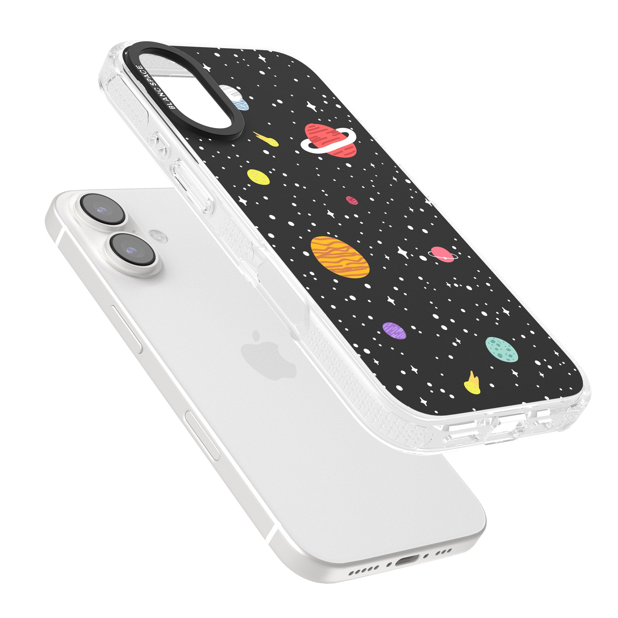 Cute Cartoon Planets iPhone 16 / 16 Plus Clear Case Impact Air - Blanc Space