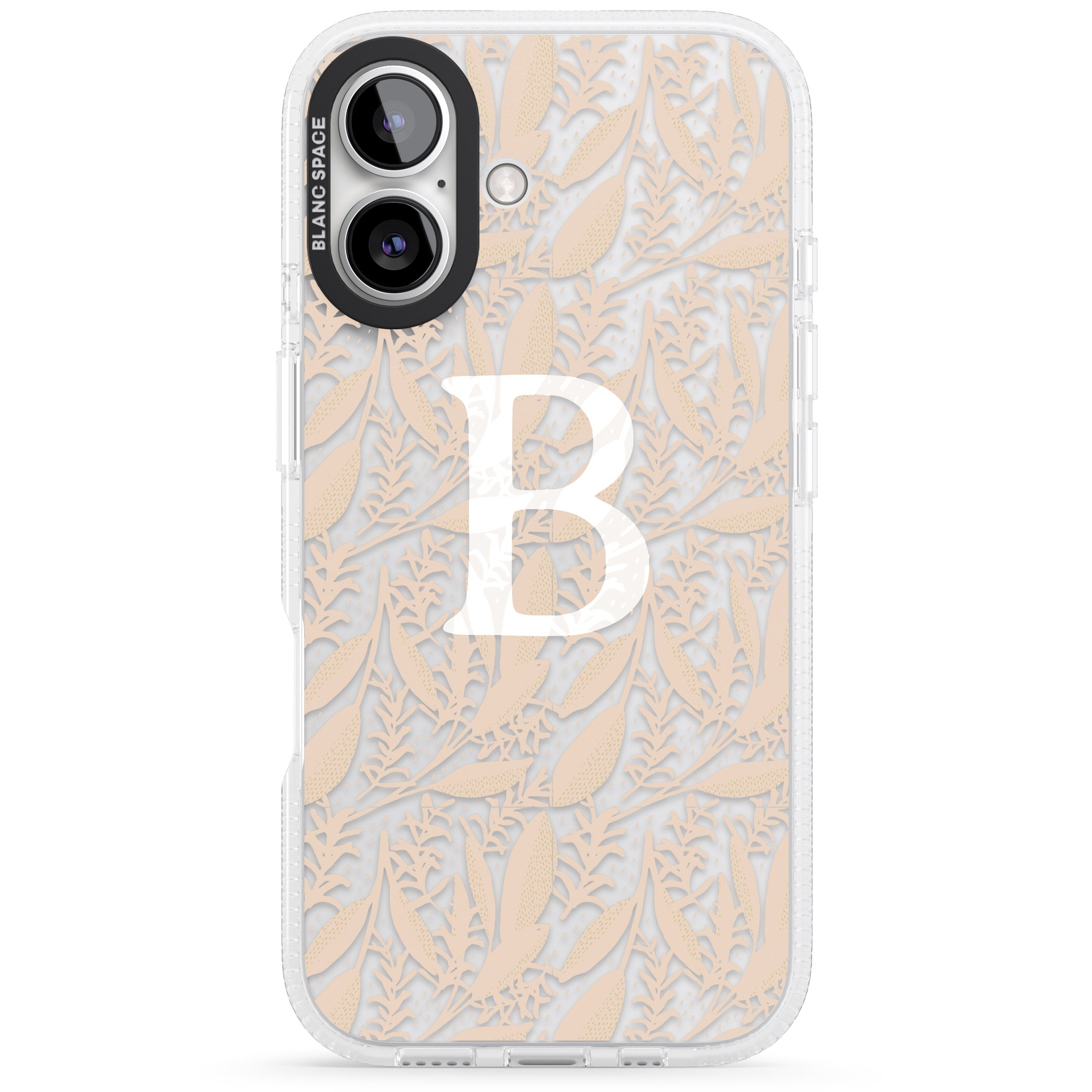 Personalised Subtle Monogram Abstract Floral iPhone 16 / 16 Plus Clear Case Impact Air - Blanc Space