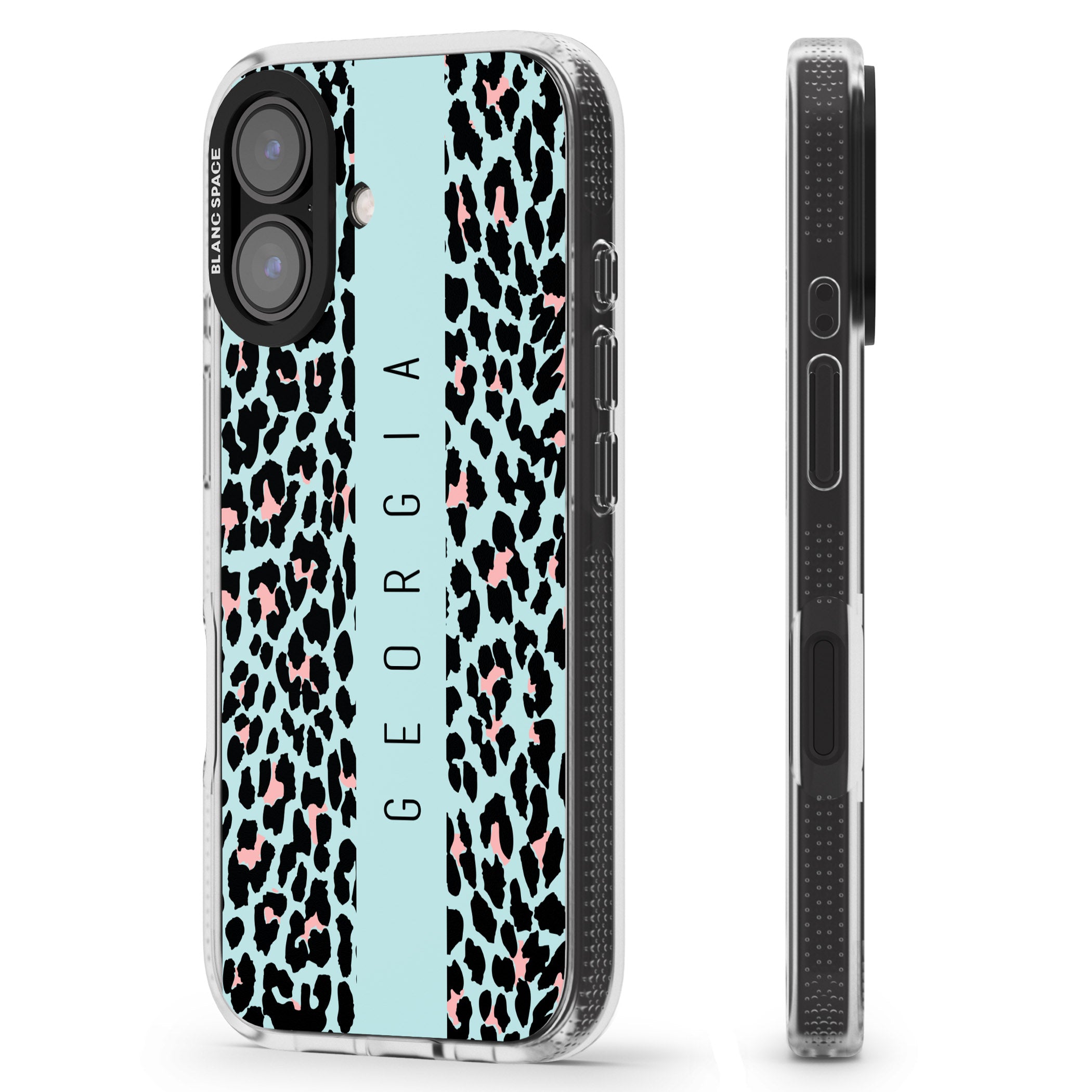 Personalised Blue Leopard Spots iPhone 16 / 16 Plus Clear Case Impact Air - Blanc Space