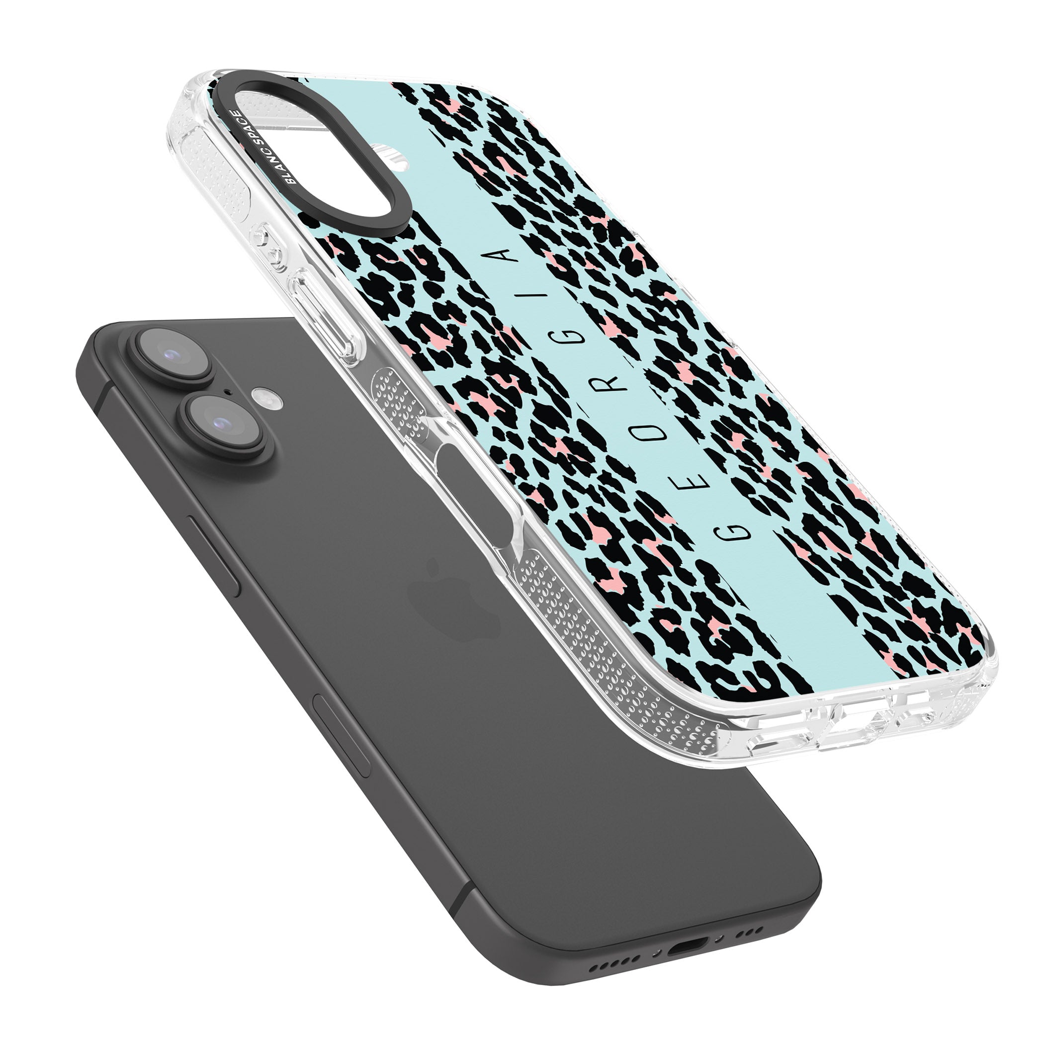 Personalised Blue Leopard Spots iPhone 16 / 16 Plus Clear Case Impact Air - Blanc Space