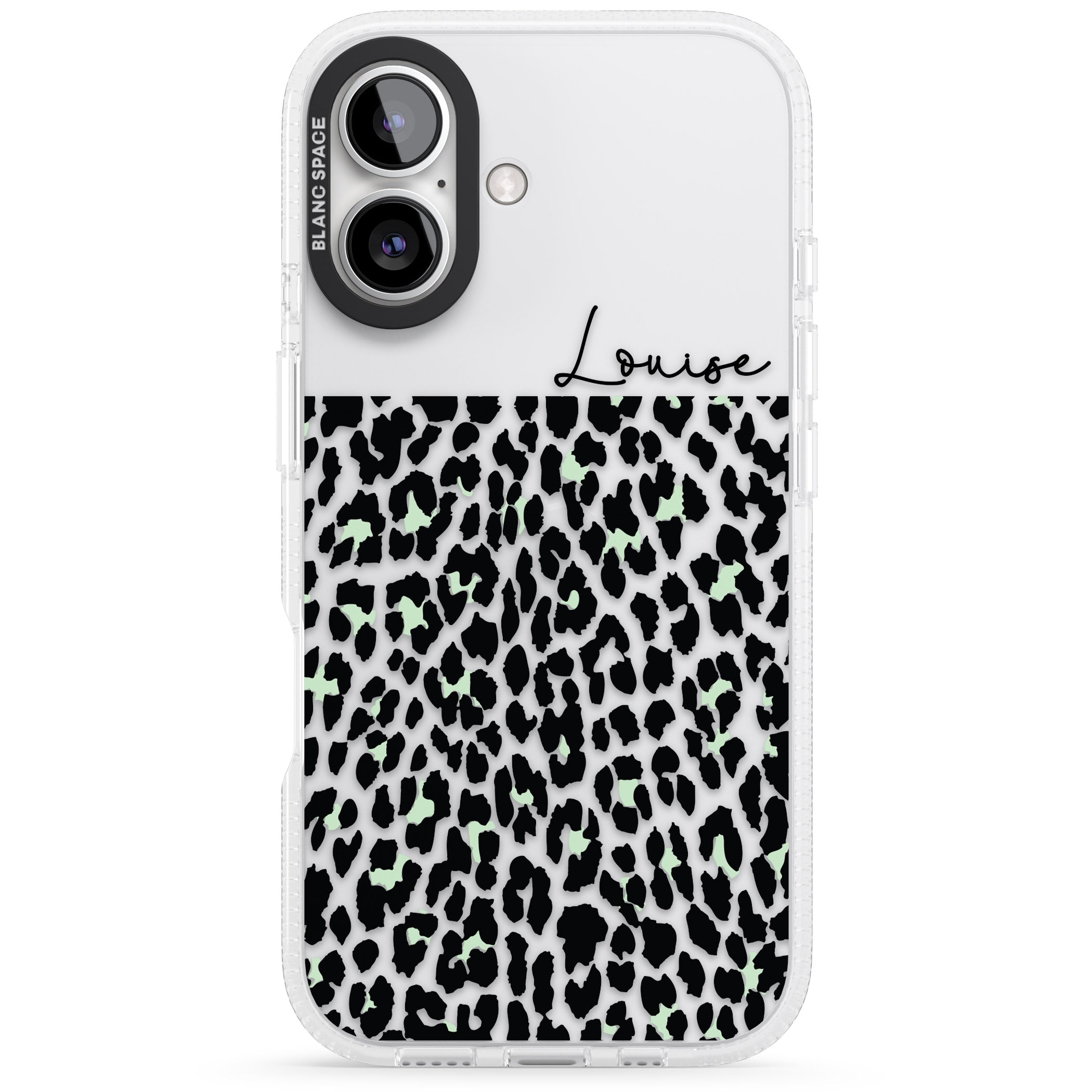 Personalised Seafoam Green & Cursive Leopard Spots iPhone 16 / 16 Plus Clear Case Impact Air - Blanc Space