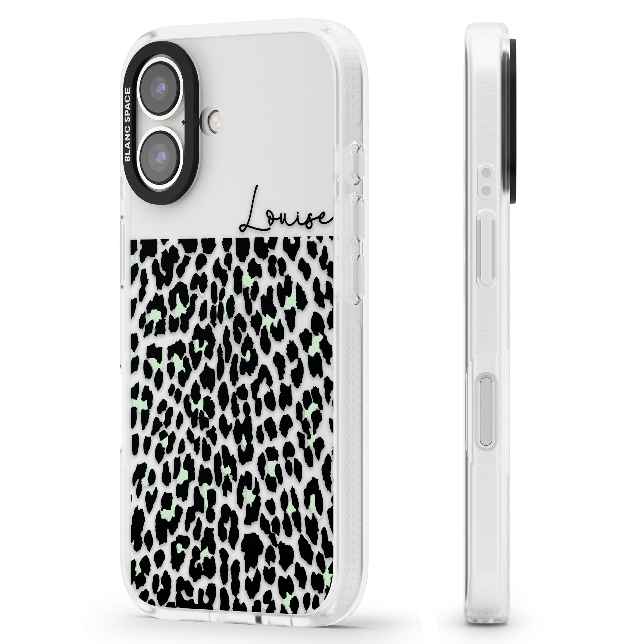 Personalised Seafoam Green & Cursive Leopard Spots iPhone 16 / 16 Plus Clear Case Impact Air - Blanc Space
