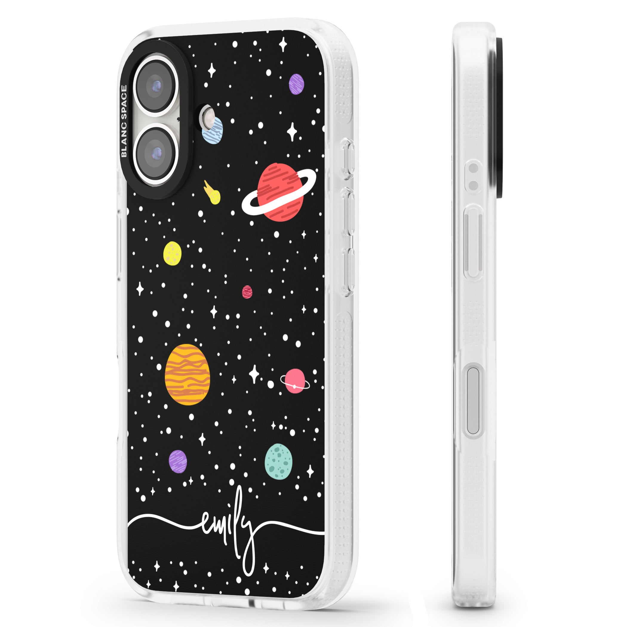 Personalised Cute Cartoon Planets iPhone 16 / 16 Plus Clear Case Impact Air - Blanc Space