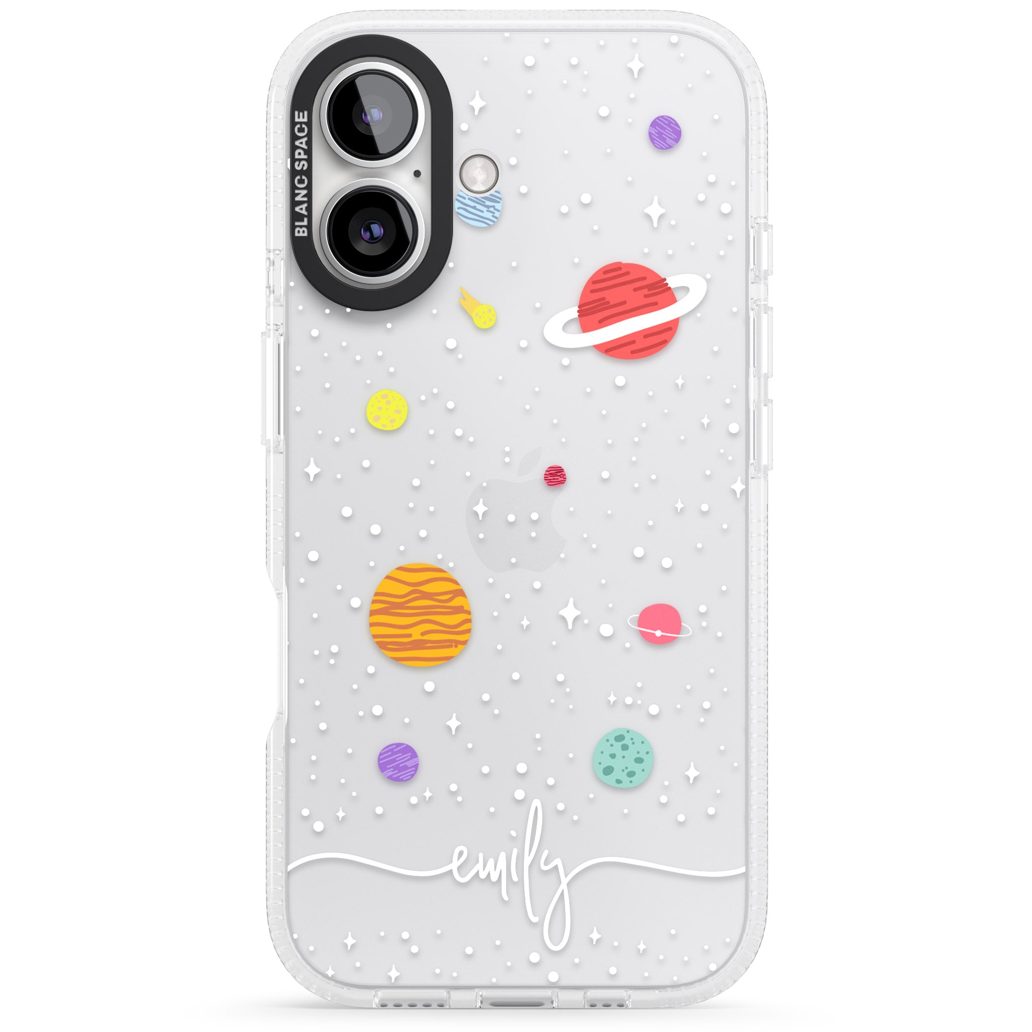 Personalised Cute Cartoon Planets (Clear) iPhone 16 / 16 Plus Clear Case Impact Air - Blanc Space
