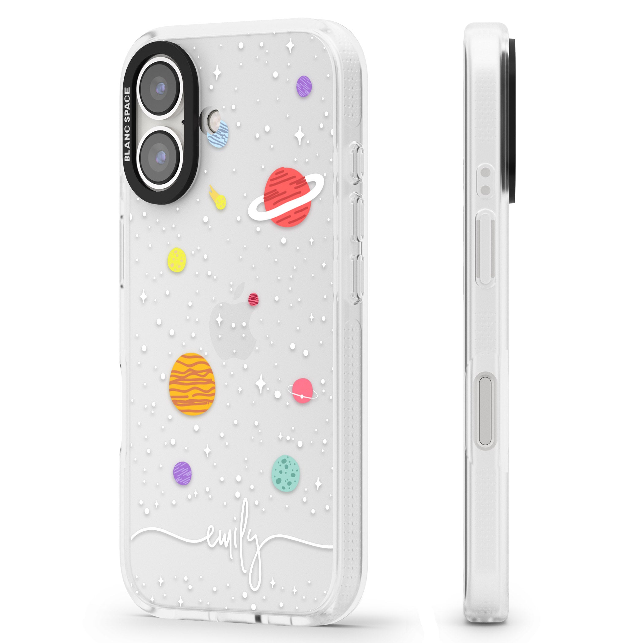 Personalised Cute Cartoon Planets (Clear) iPhone 16 / 16 Plus Clear Case Impact Air - Blanc Space