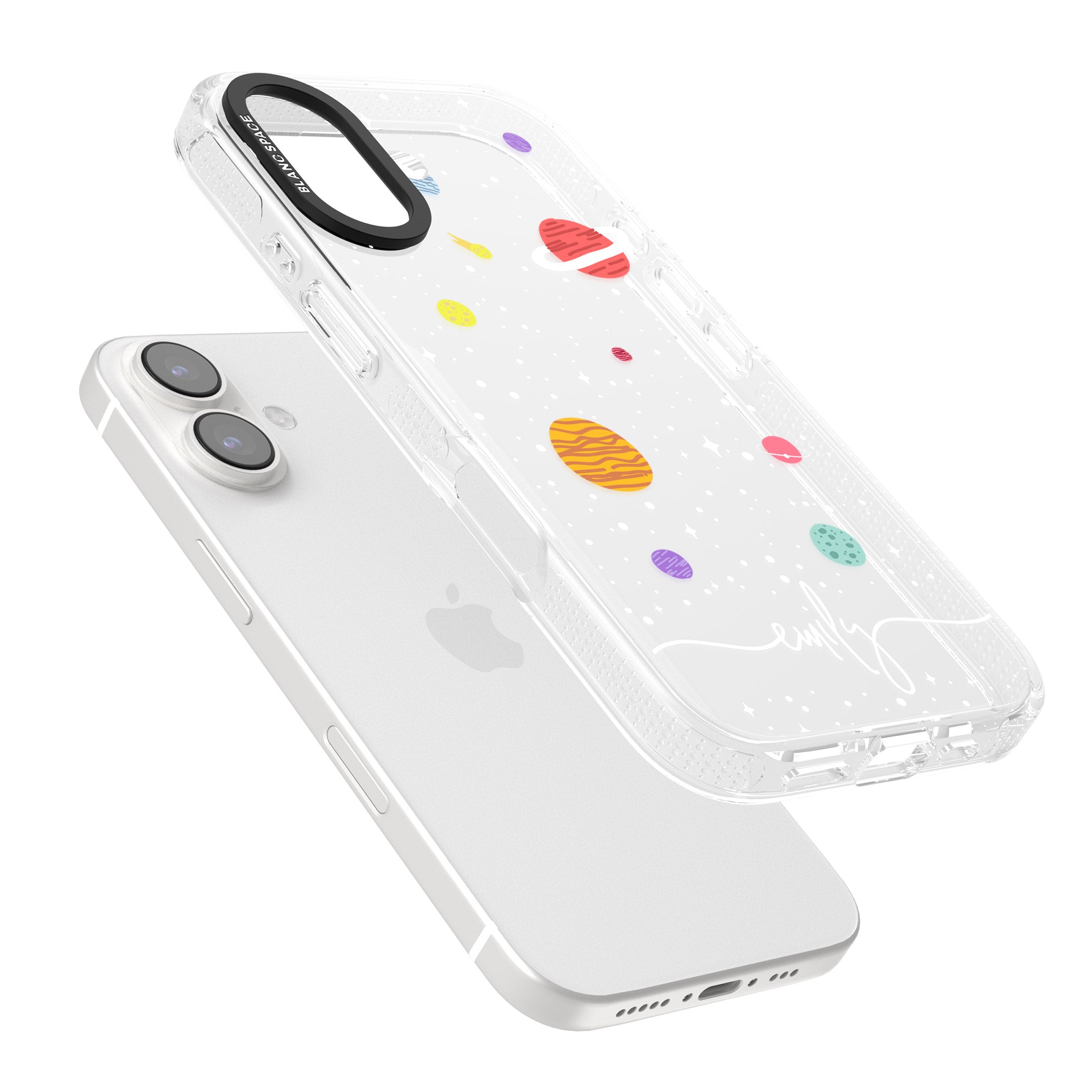 Personalised Cute Cartoon Planets (Clear) iPhone 16 / 16 Plus Clear Case Impact Air - Blanc Space