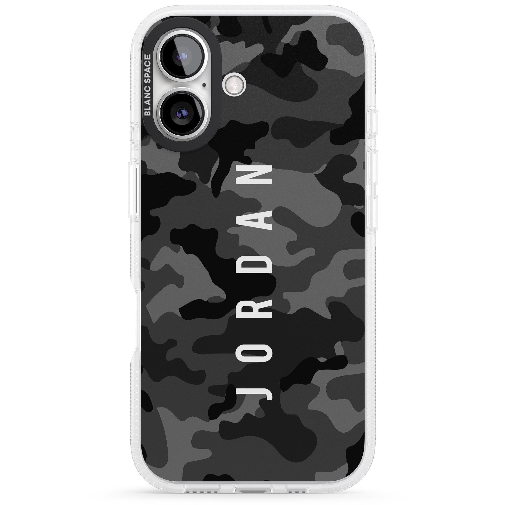 Personalised Small Vertical Name Black Camouflage iPhone 16 / 16 Plus Clear Case Impact Air - Blanc Space