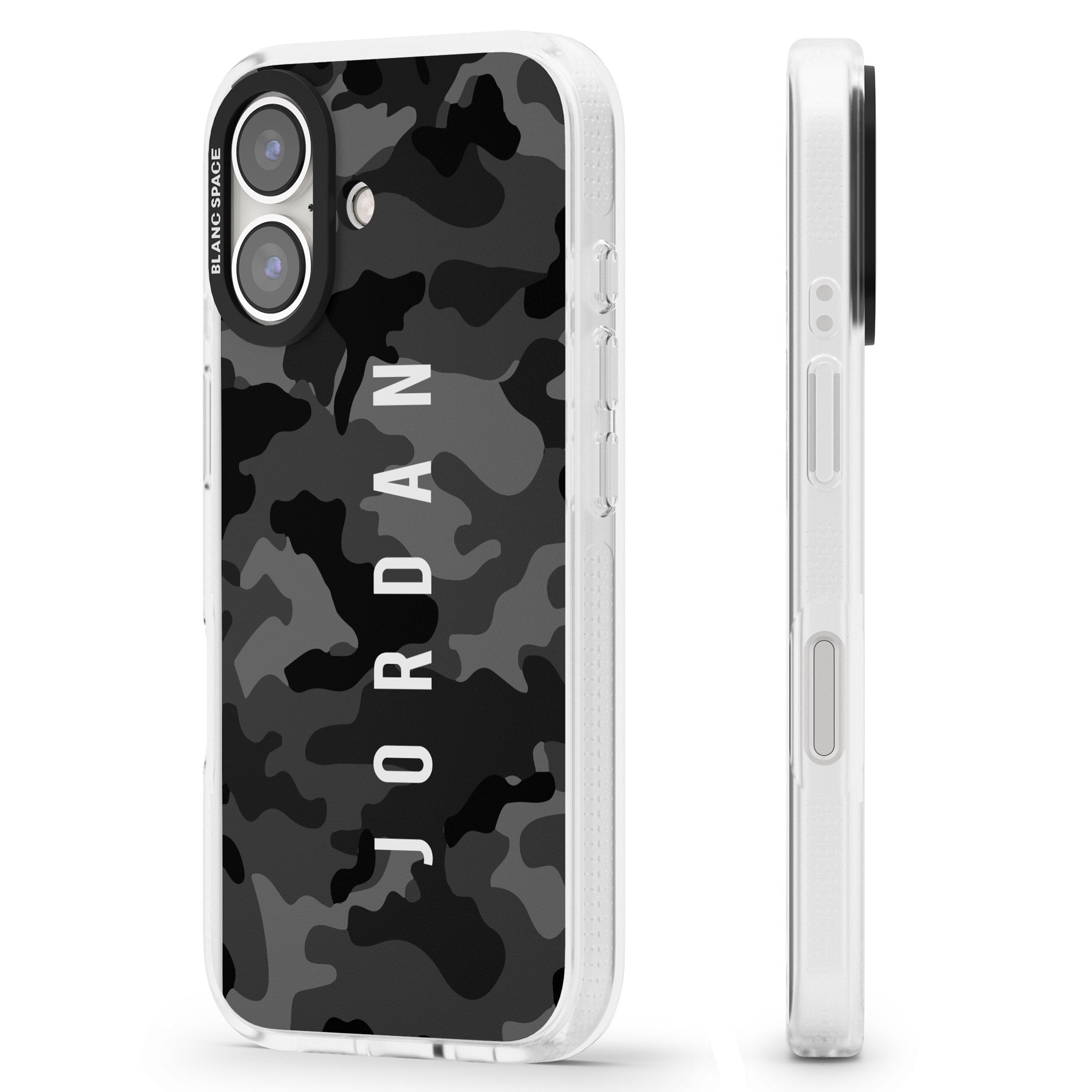 Personalised Small Vertical Name Black Camouflage iPhone 16 / 16 Plus Clear Case Impact Air - Blanc Space