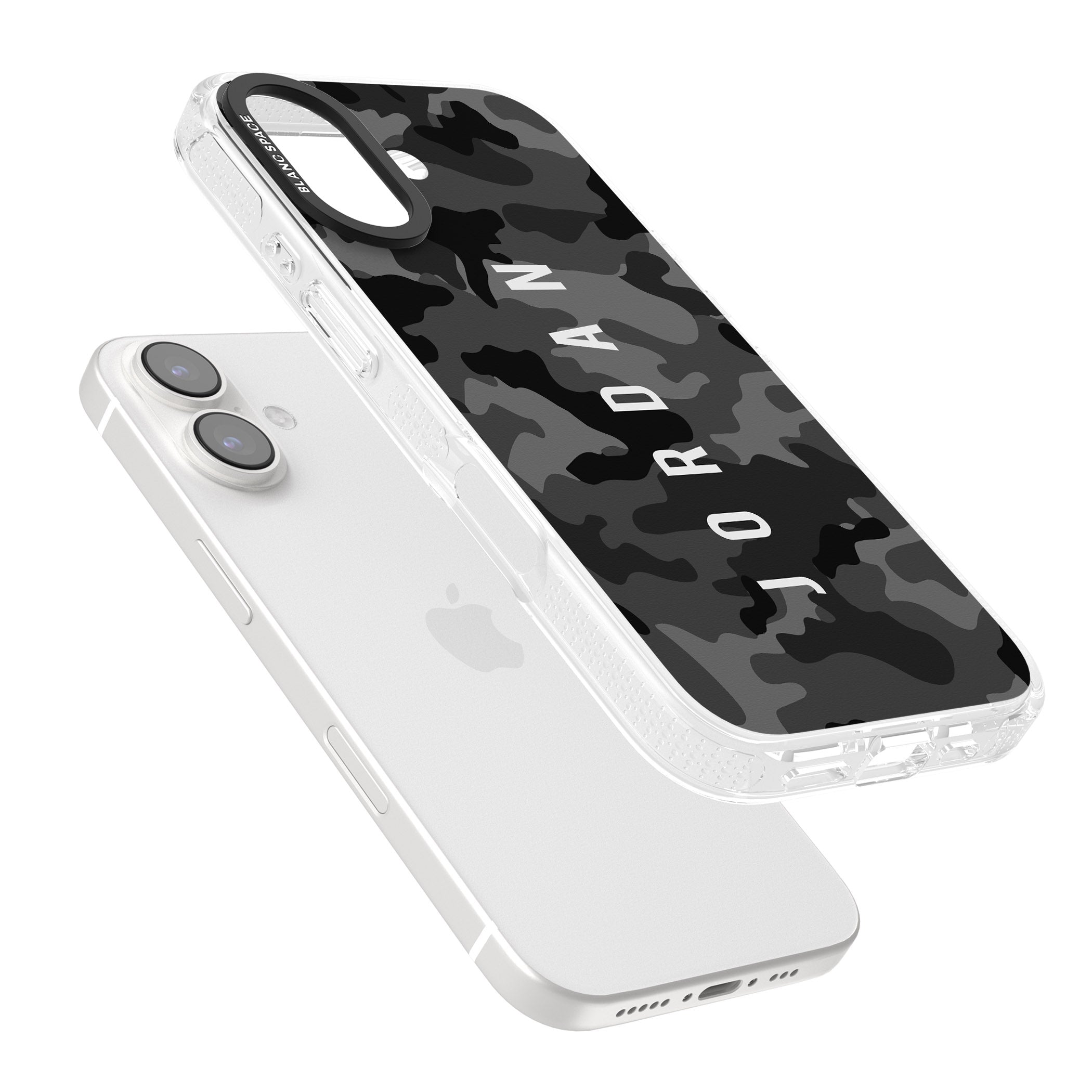 Personalised Small Vertical Name Black Camouflage iPhone 16 / 16 Plus Clear Case Impact Air - Blanc Space