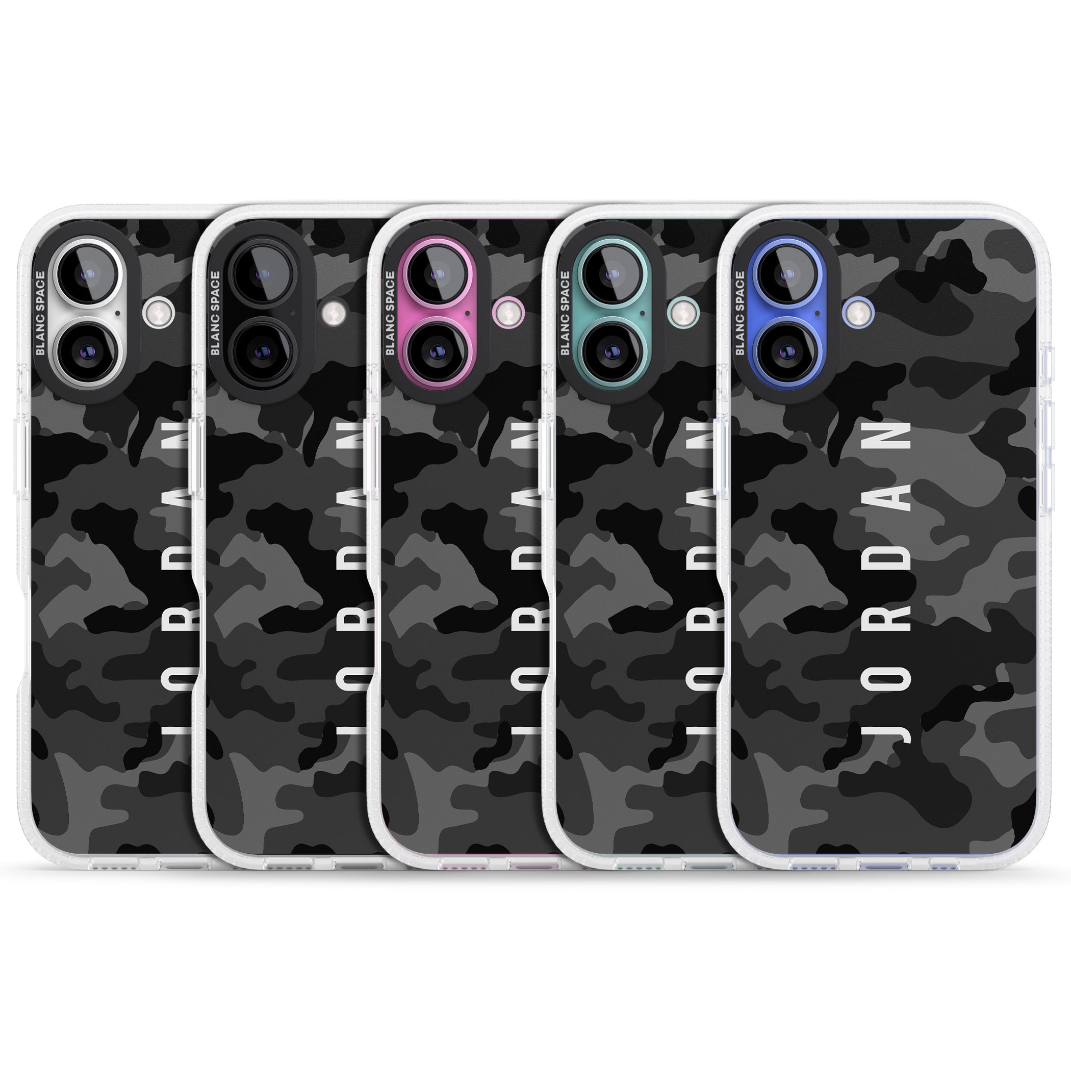 Personalised Small Vertical Name Black Camouflage iPhone 16 / 16 Plus Clear Case Impact Air - Blanc Space